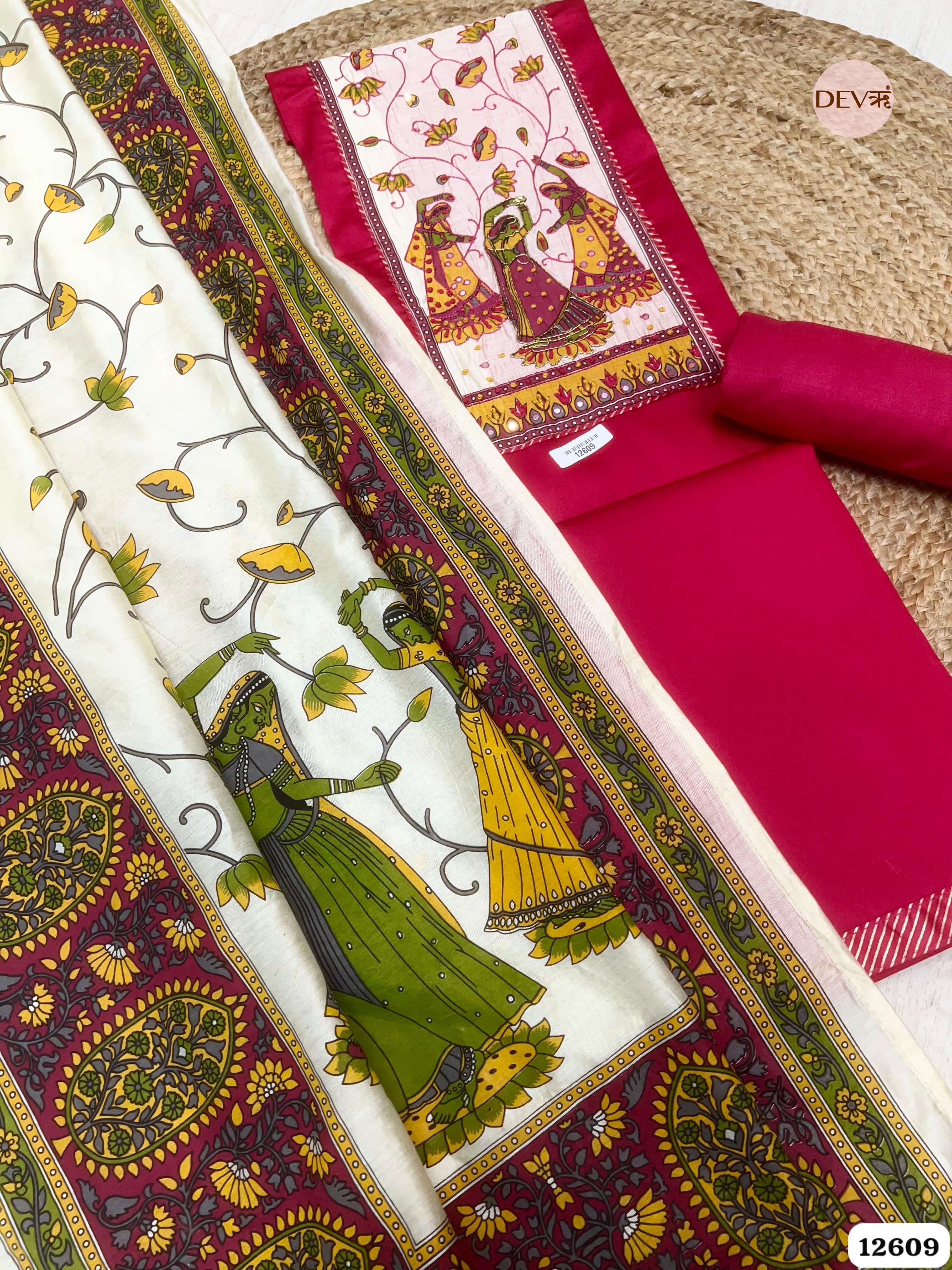 Rani Pink Glace Cotton Hand Painted Unstitched 3-Piece Suit (Devri – D.No 12609)