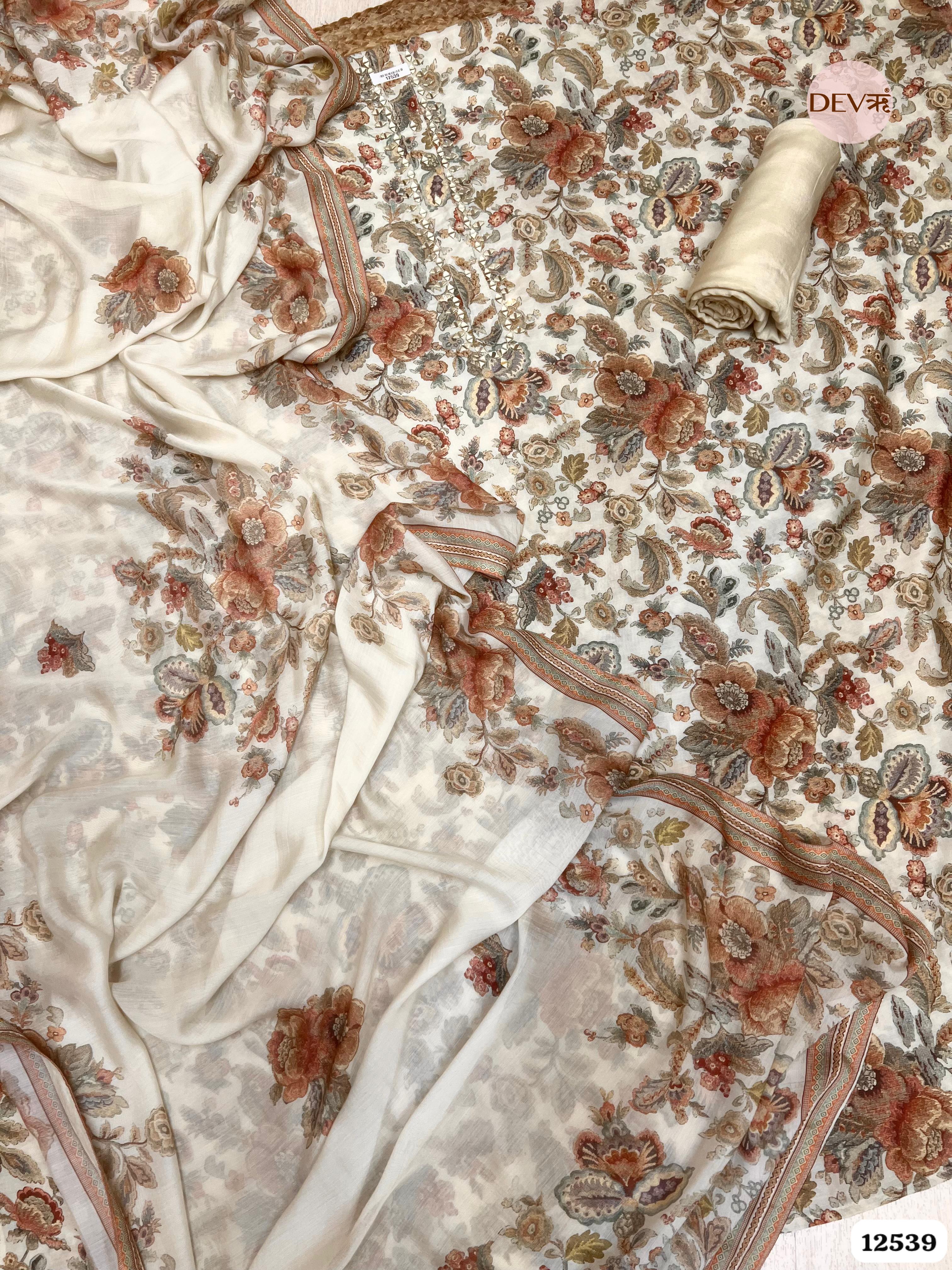Ivory Muslin Printed Unstitched 3-Piece Suit (Devri – D.No . 12539)