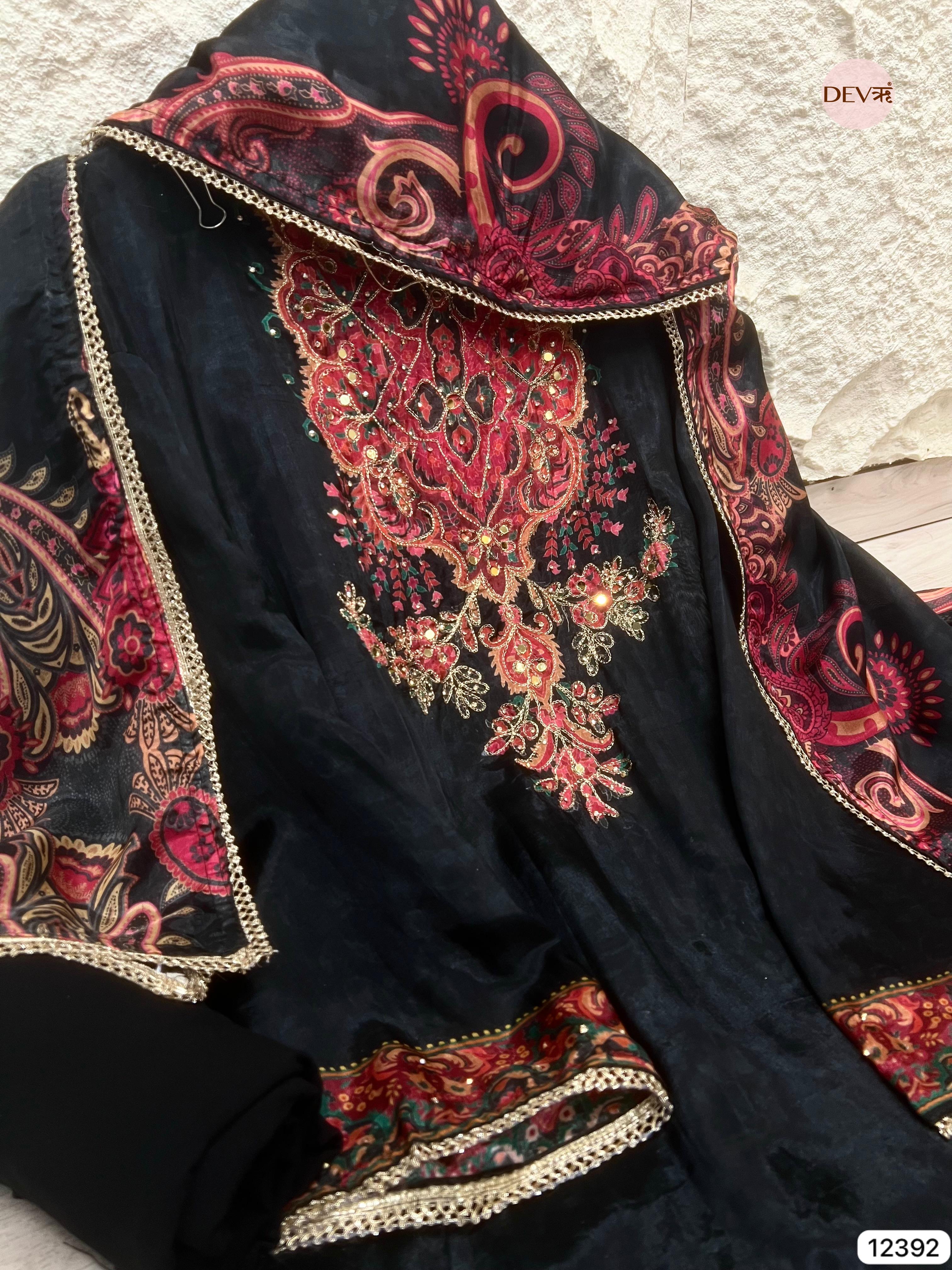 Black Organza Silk Embroidered Unstitched 3-Piece Suit (Devri – D.No 12392)