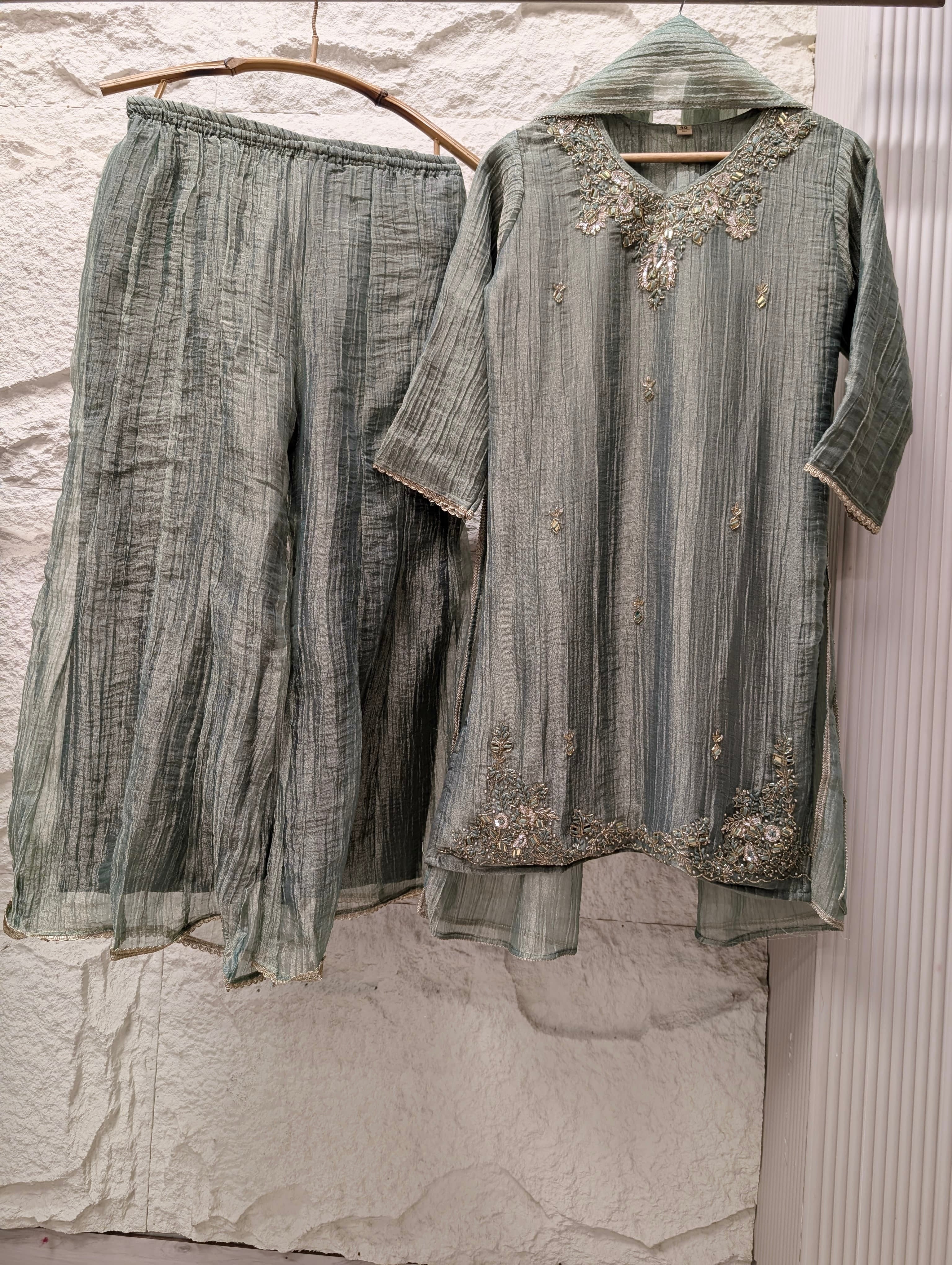 Gulnaar Tissue crush silk Embroidered Sage Green 3-Piece Set (Devri – D.No 13753)