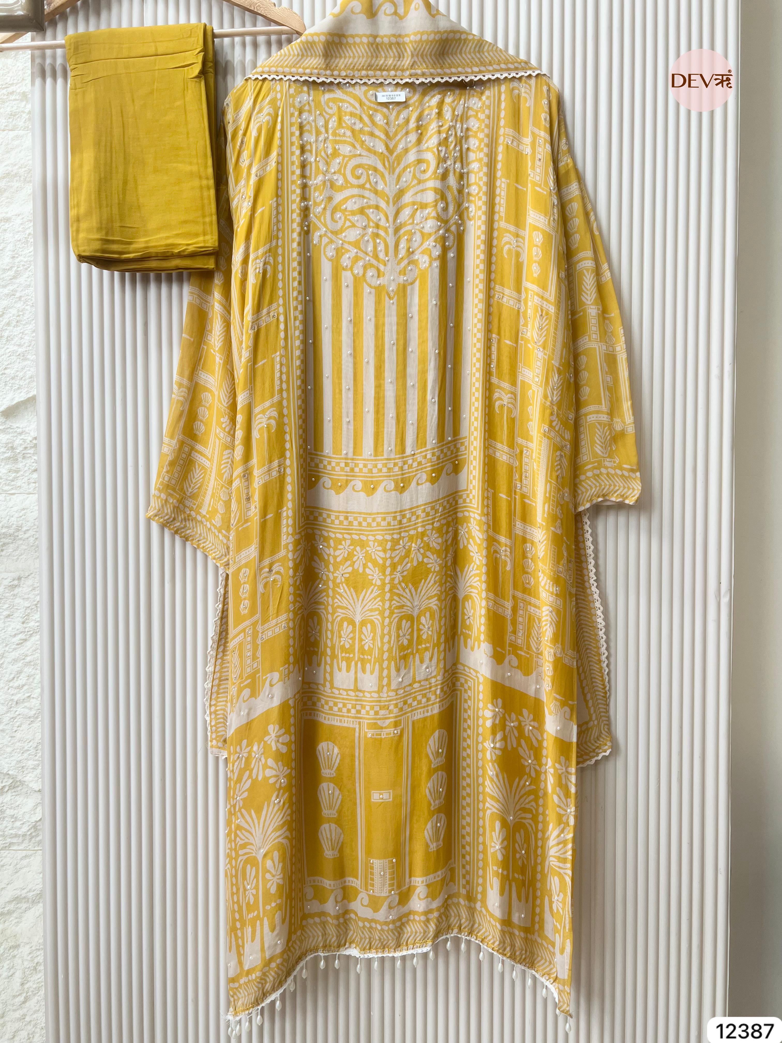 Pastel Yellow Organza Embroidered Unstitched 3-Piece Suit (Devri – D.No 12387)