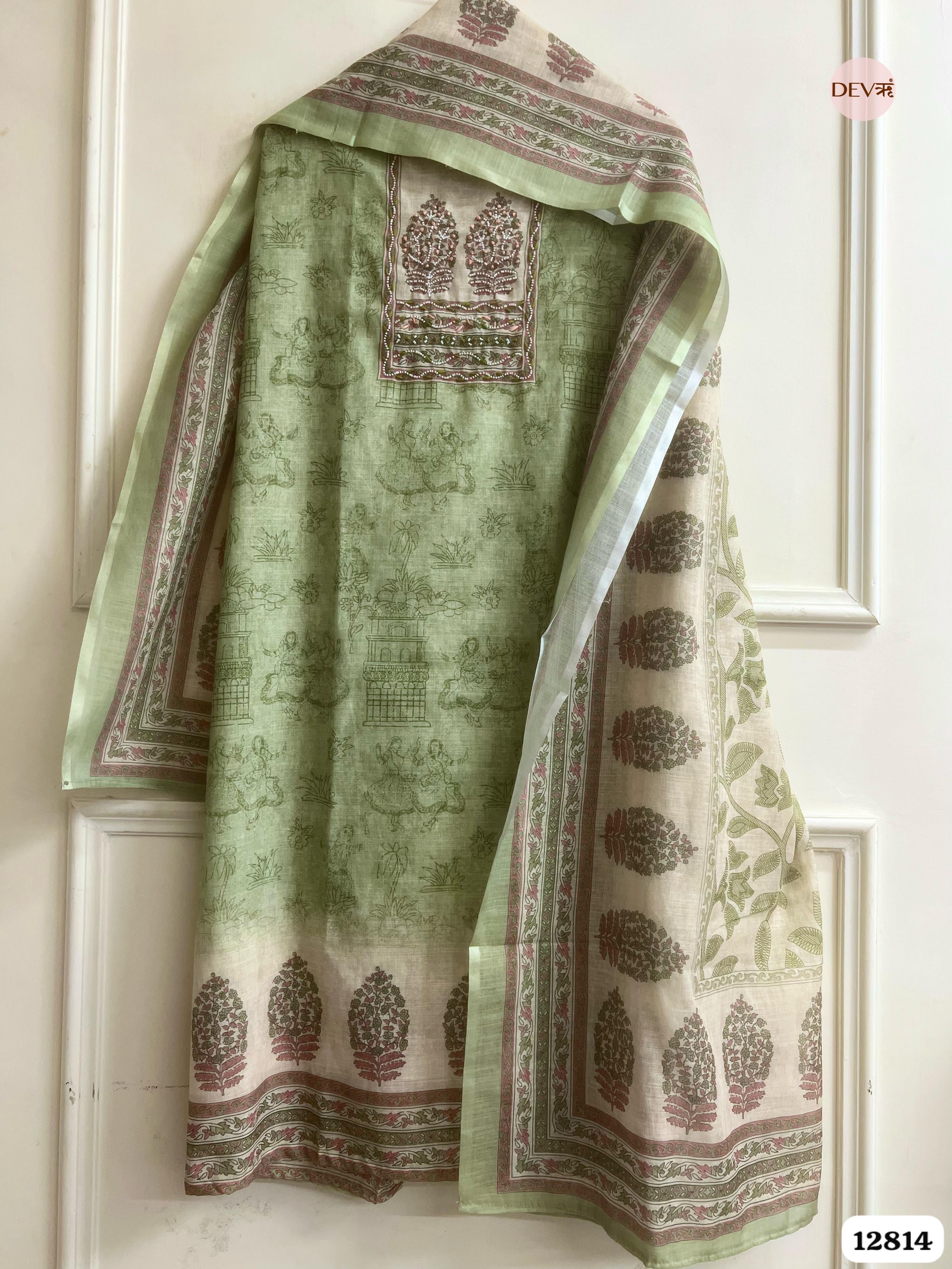 Sage Linen Cotton Printed Unstitched 3-Piece Suit (Devri – D.No 12814)