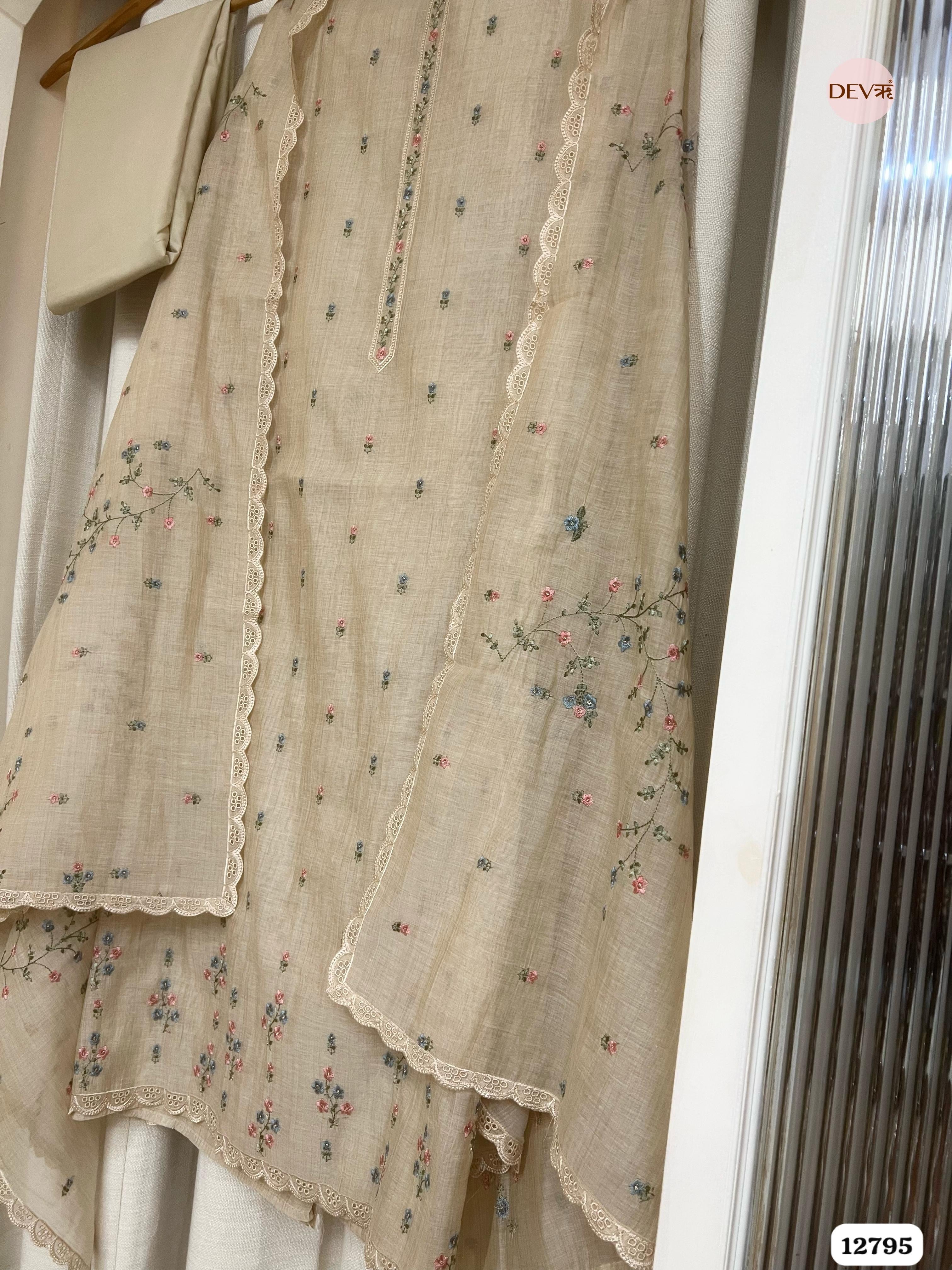 Beige Mul Chanderi Printed Unstitched 3-Piece Suit (Devri – D.No 12795)