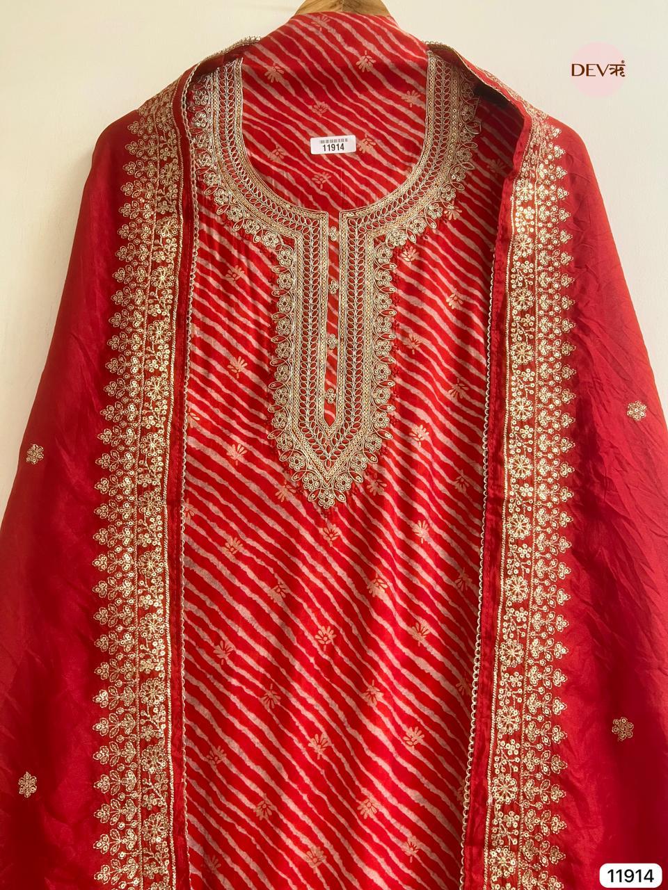 Red Modal Silk Embroidered Bandhej Unstitched 3-Piece Suit (Devri – D.No 11914)