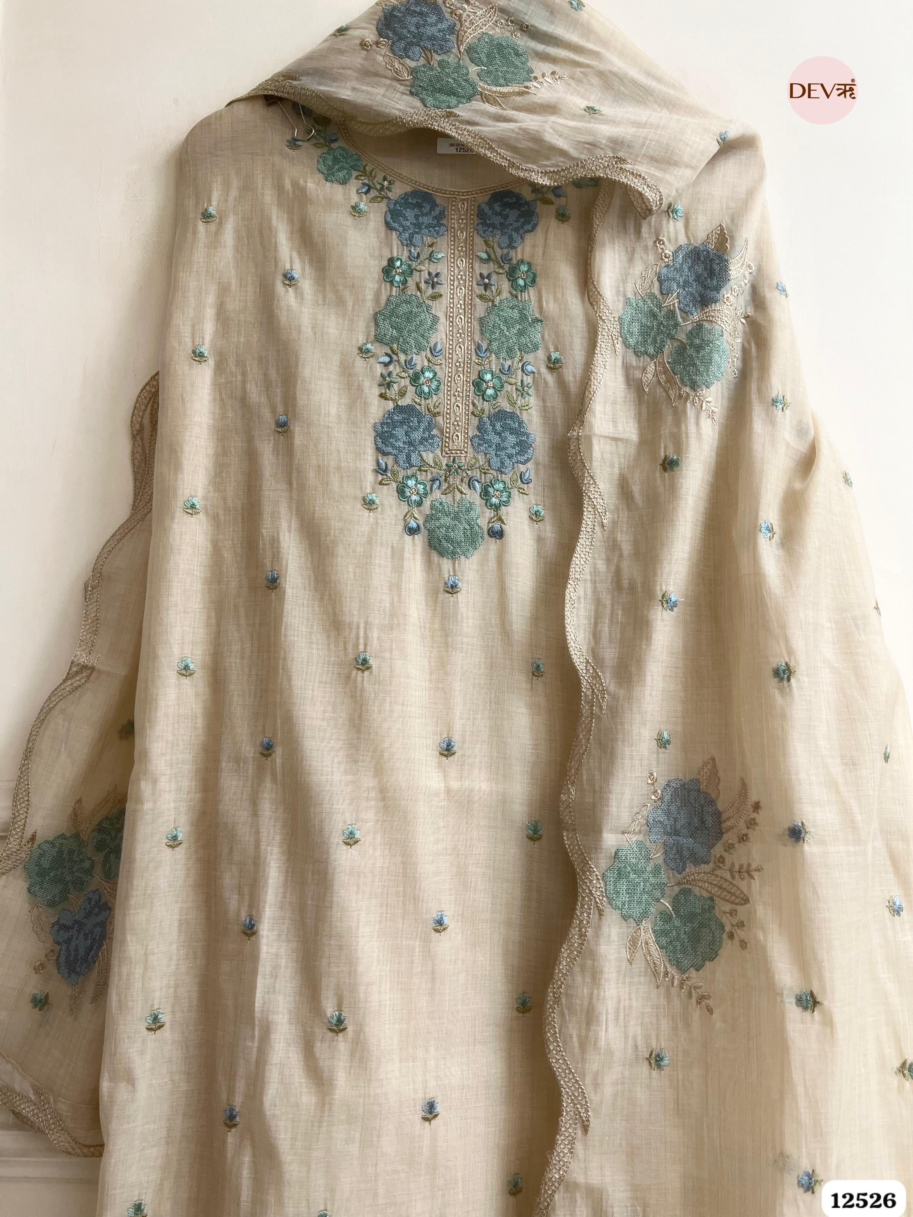 baige Mul Chanderi Embroidered Unstitched 3-Piece Suit (Devri – D.No. 12526)