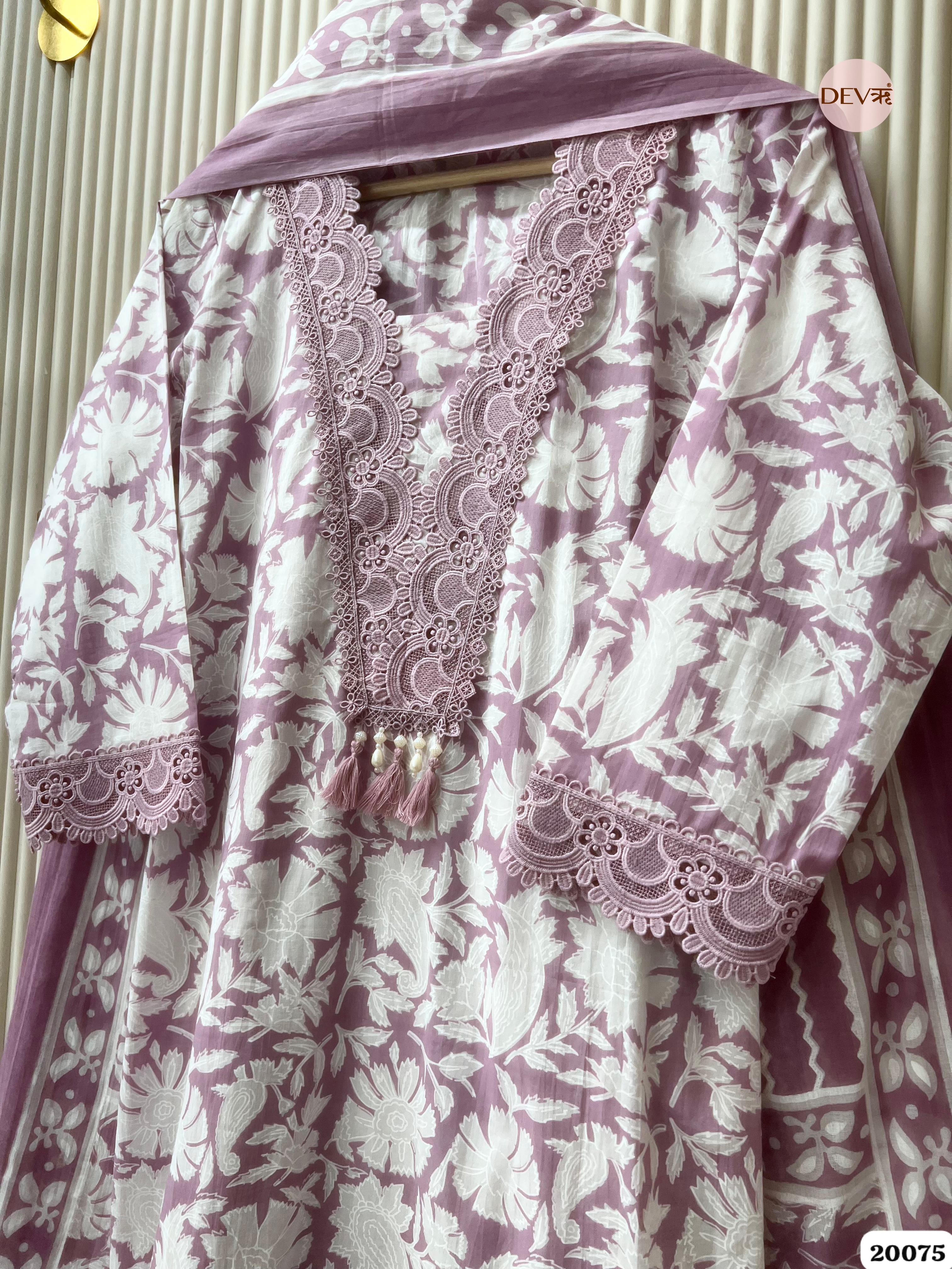 Amara Cotton Printed Mauve & White 3-Piece Set (Devri – D.No 20075)