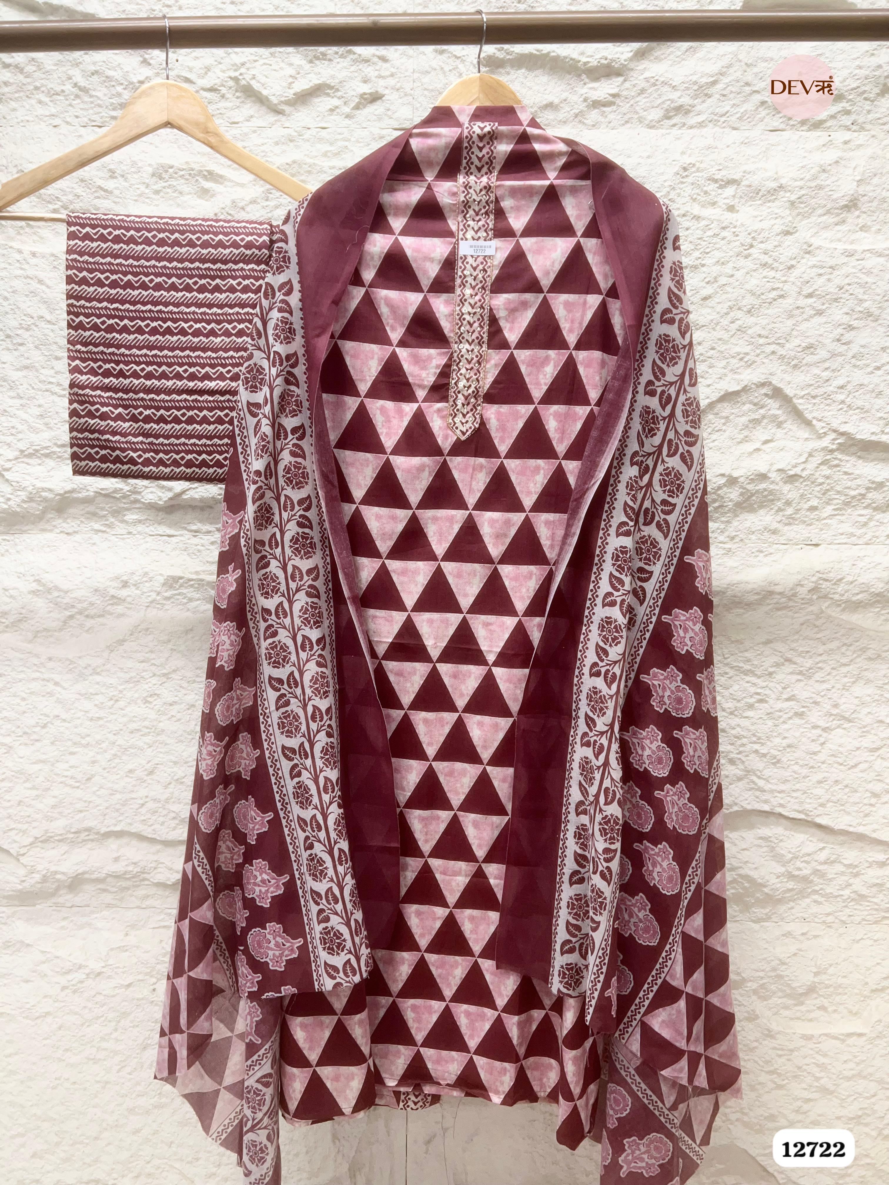 Mauve Cotton Printed Unstitched 3-Piece Suit (Devri – D.No 12722)