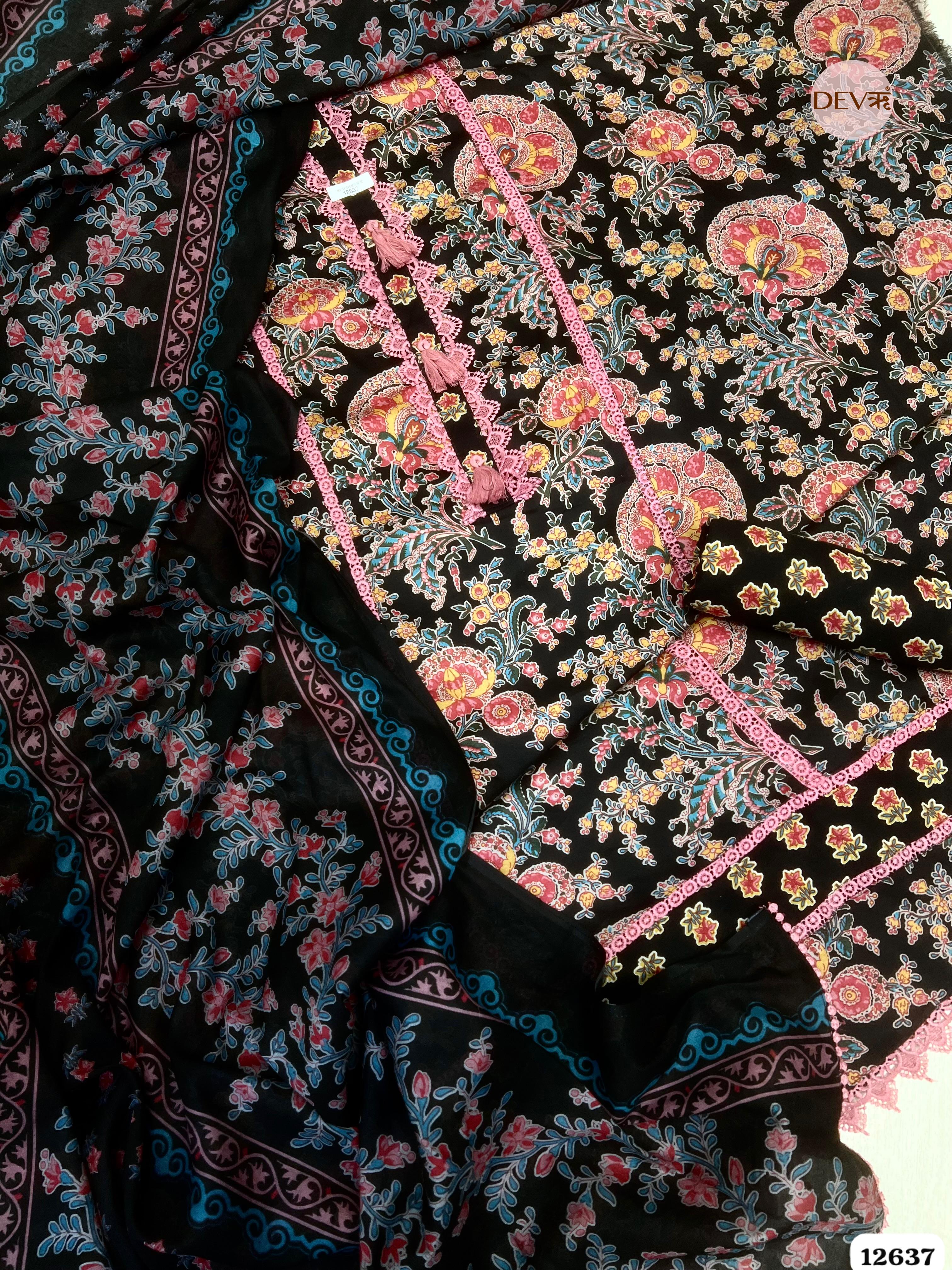Black Cotton Floral Printed Unstitched 3-Piece Suit (Devri – D.No 12637)