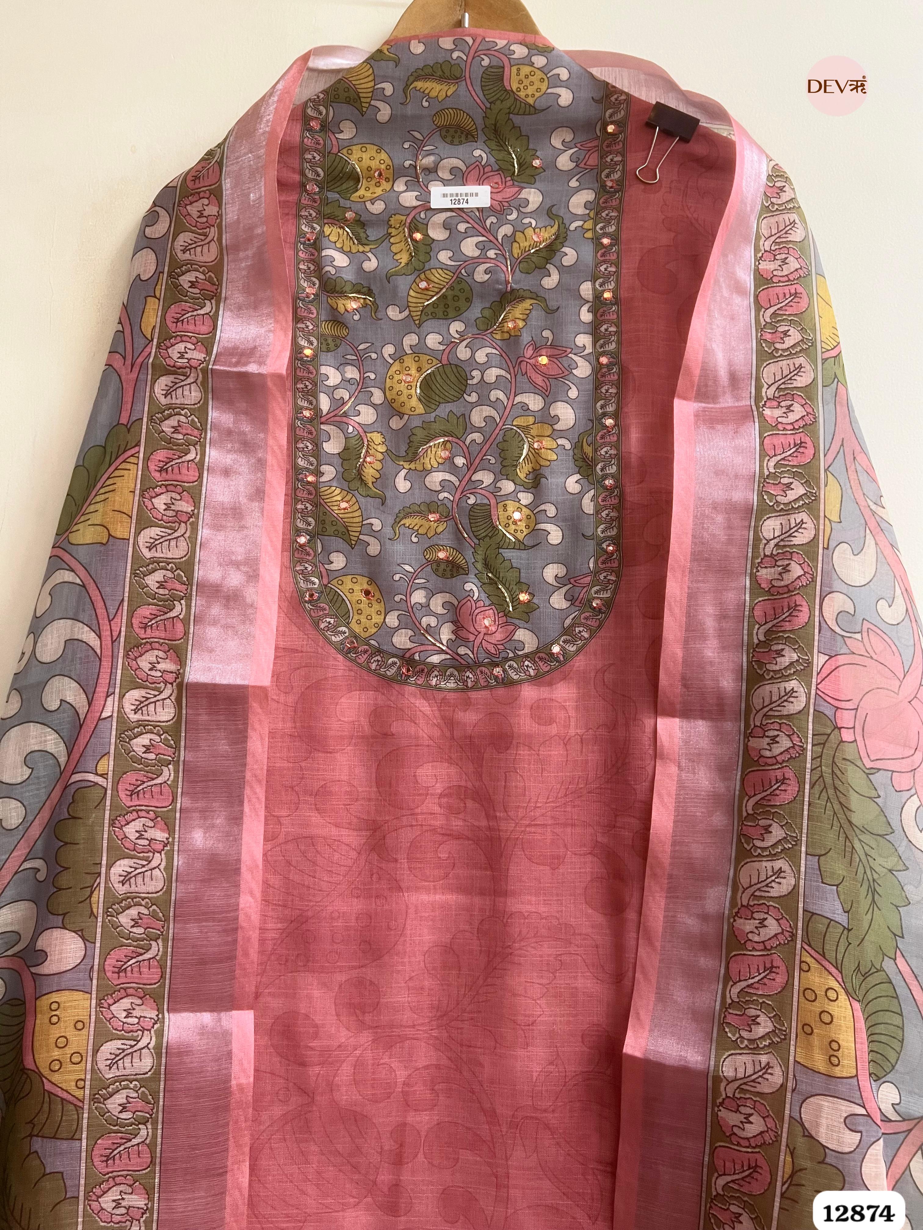 Pink Linen Cotton Printed Unstitched 3-Piece Suit (Devri – D.No 12874)