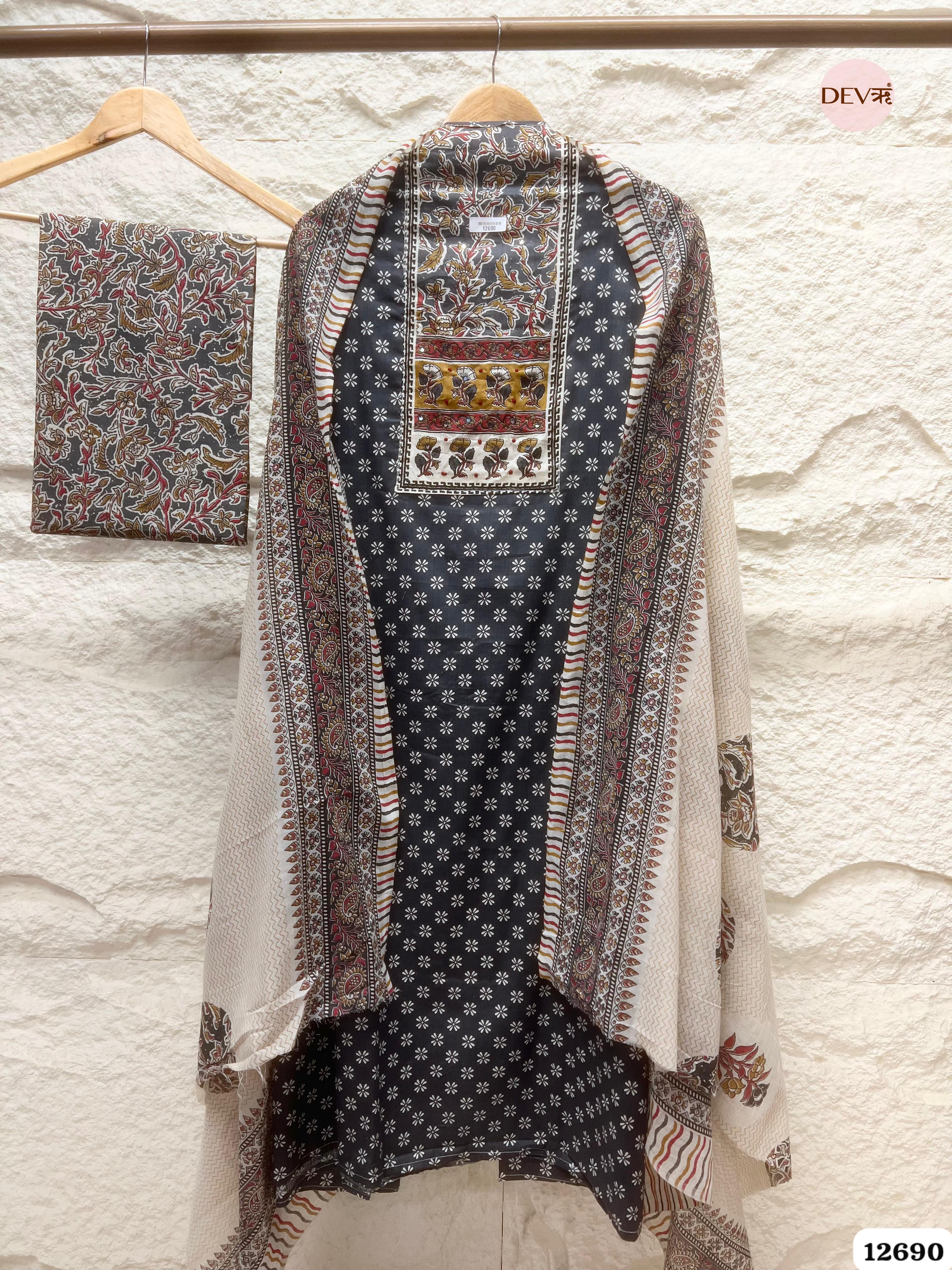 Black Cotton Printed Unstitched 3-Piece Suit (Devri – D.No 12690)