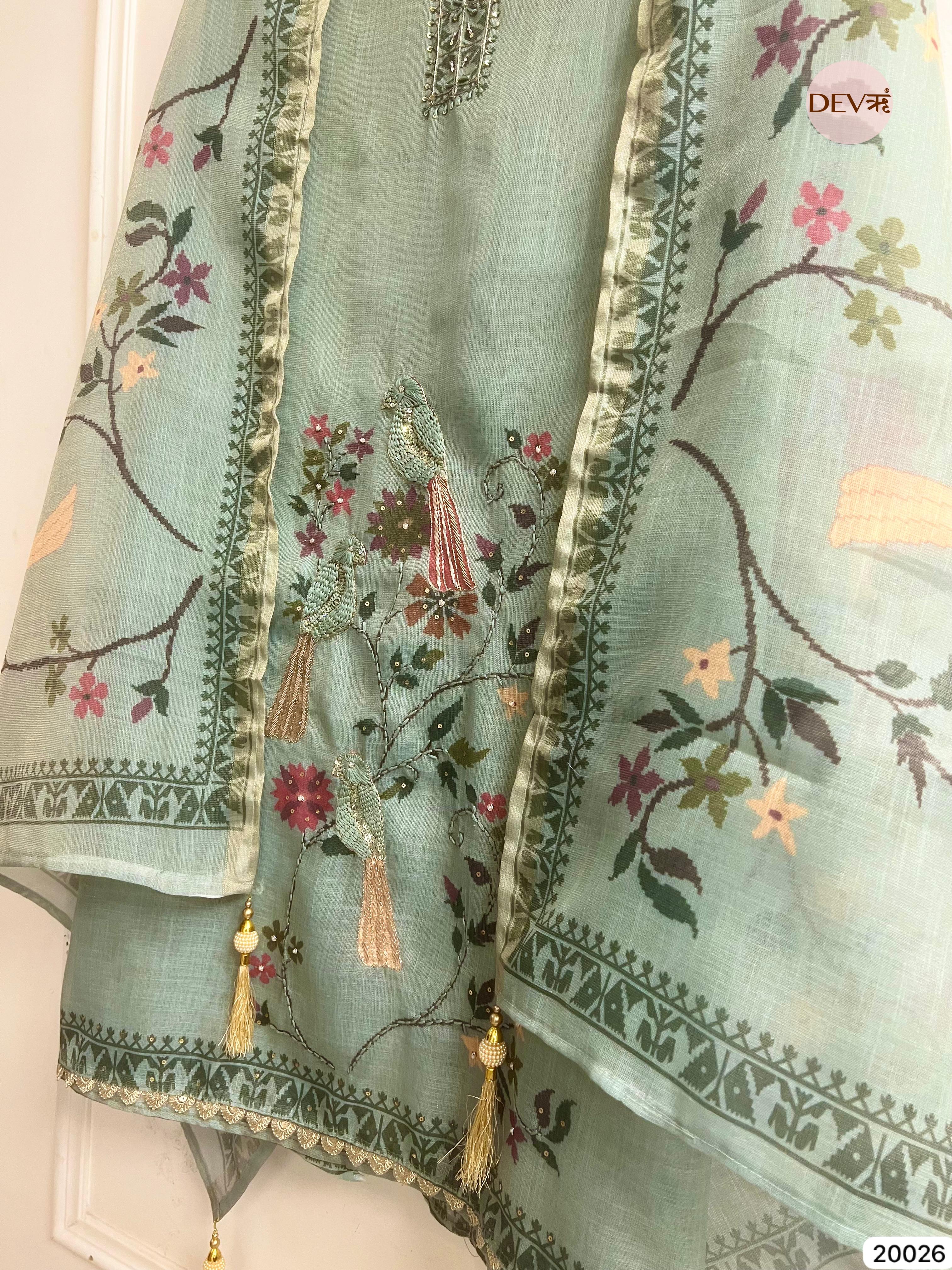 Sage Green Pure Linen Embroidered Unstitched 3-Piece Suit (Devri – D.No . 20026)