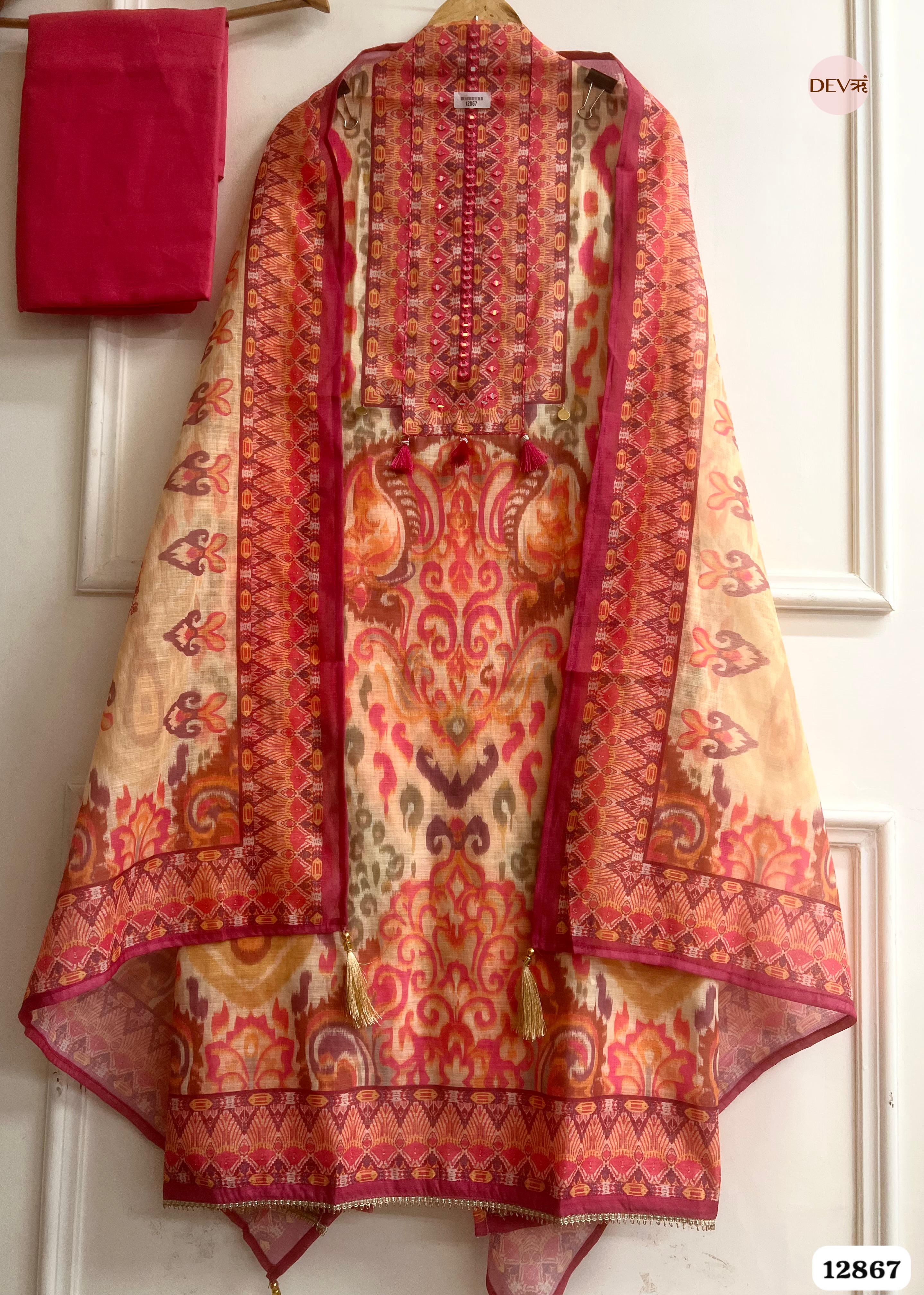 Pink Linen Cotton Printed Unstitched 3-Piece Suit (Devri – D.No 12867)
