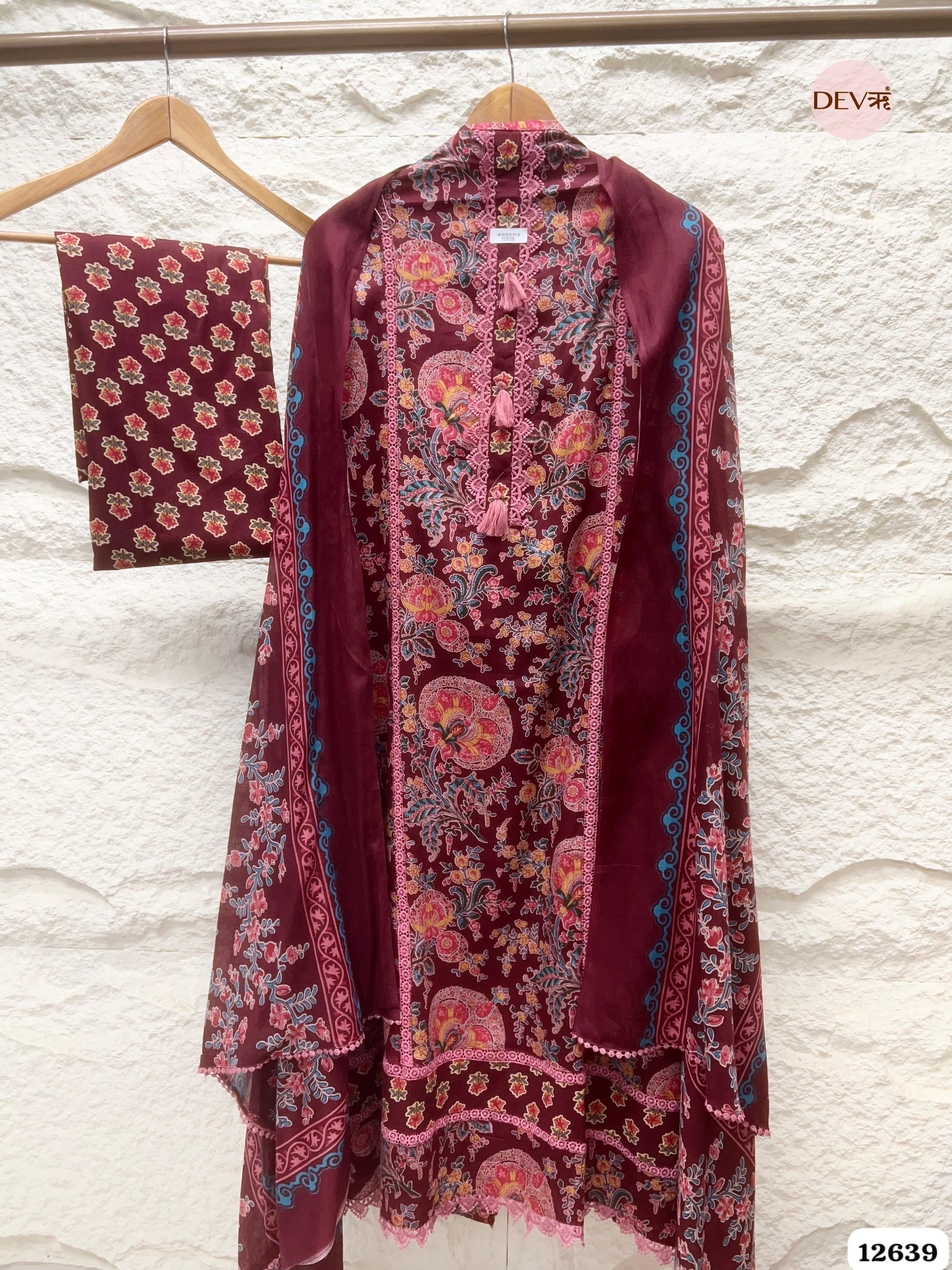 Wine Cotton Floral Printed Unstitched 3-Piece Suit (Devri – D.No 12639)