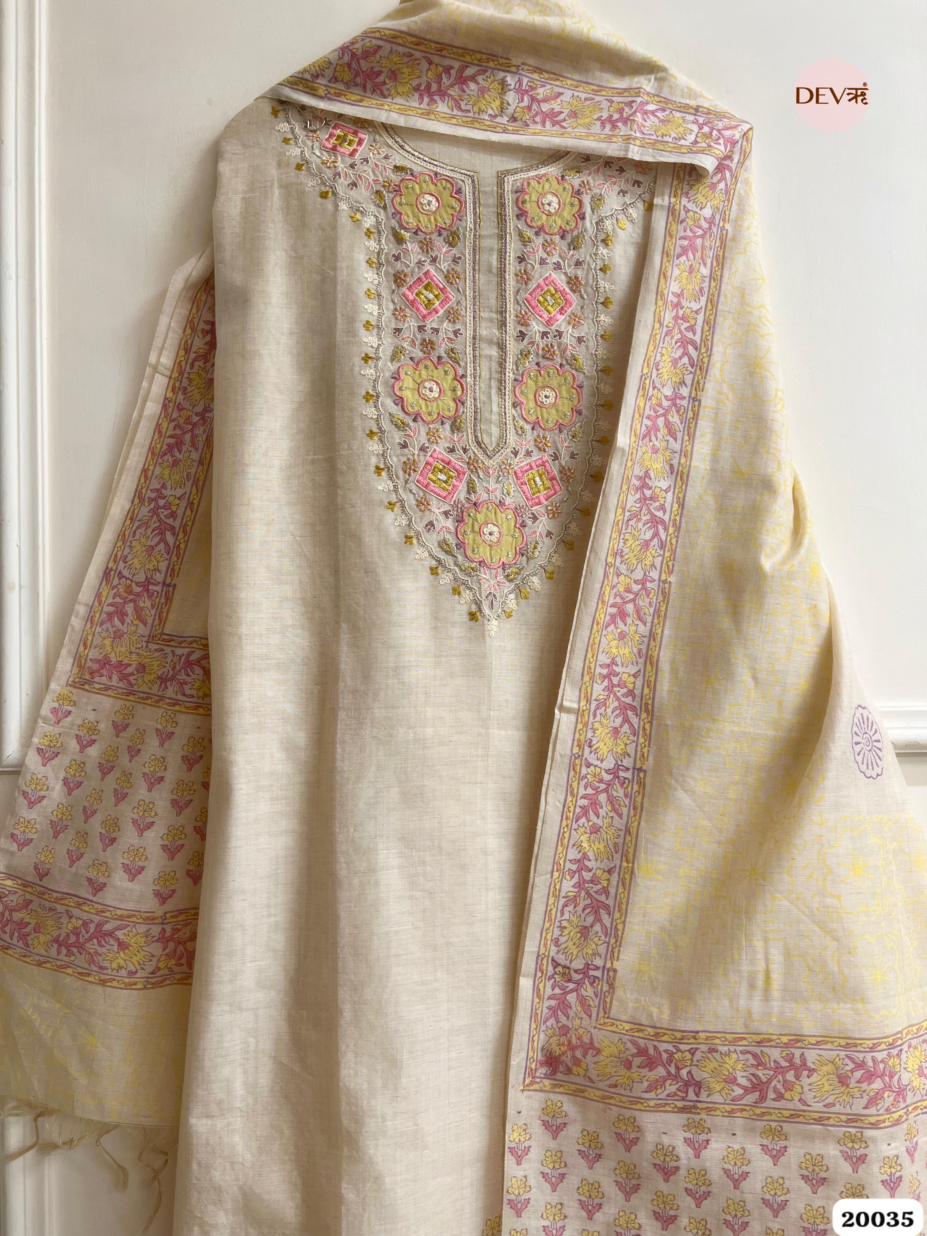 Soft Beige Pure Linen Embroidered Unstitched 3-Piece Suit (Devri – D.No. 20035)