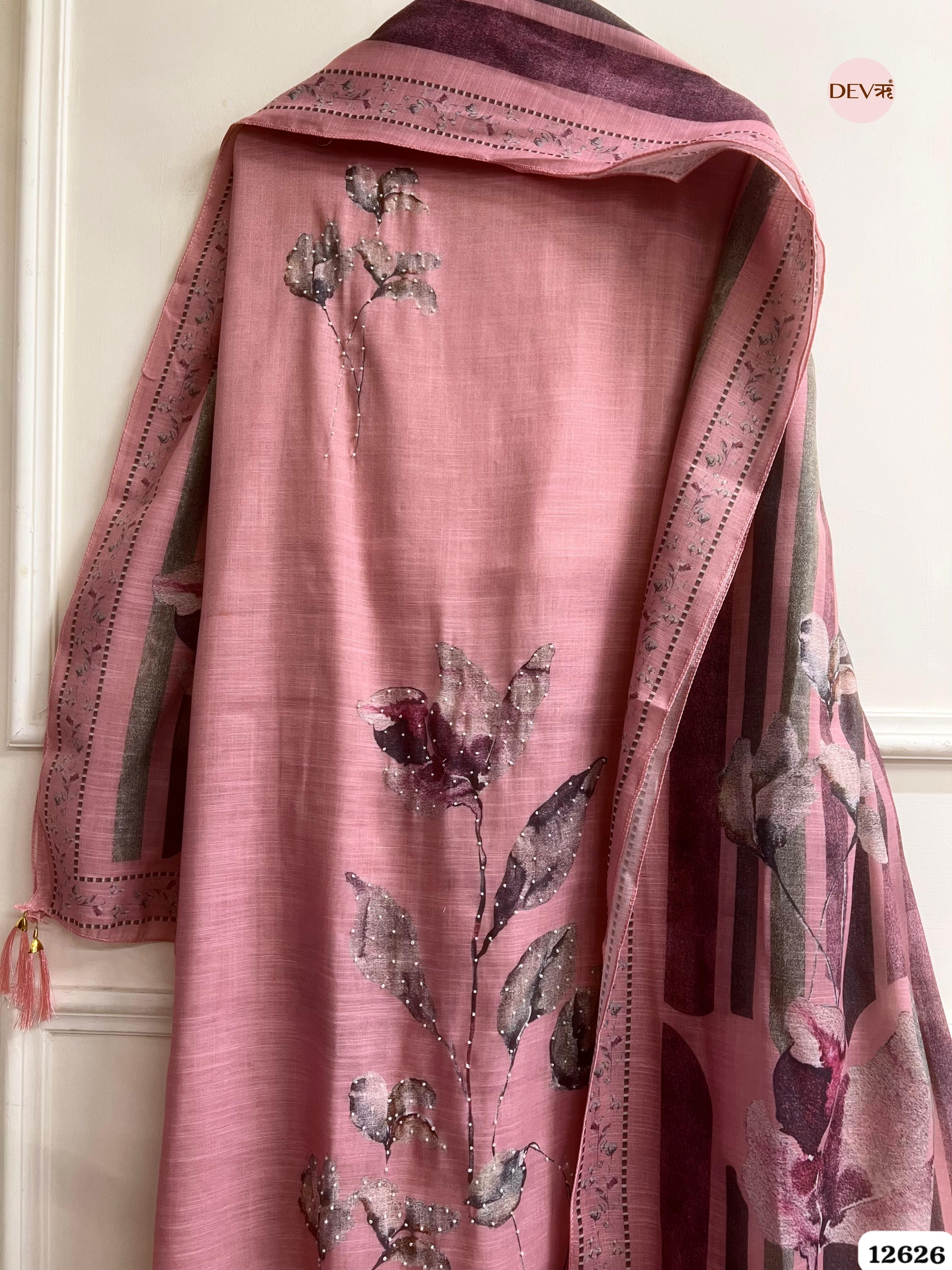 Pink Linen Printed Unstitched 3-Piece Suit (Devri – D.No 12626)