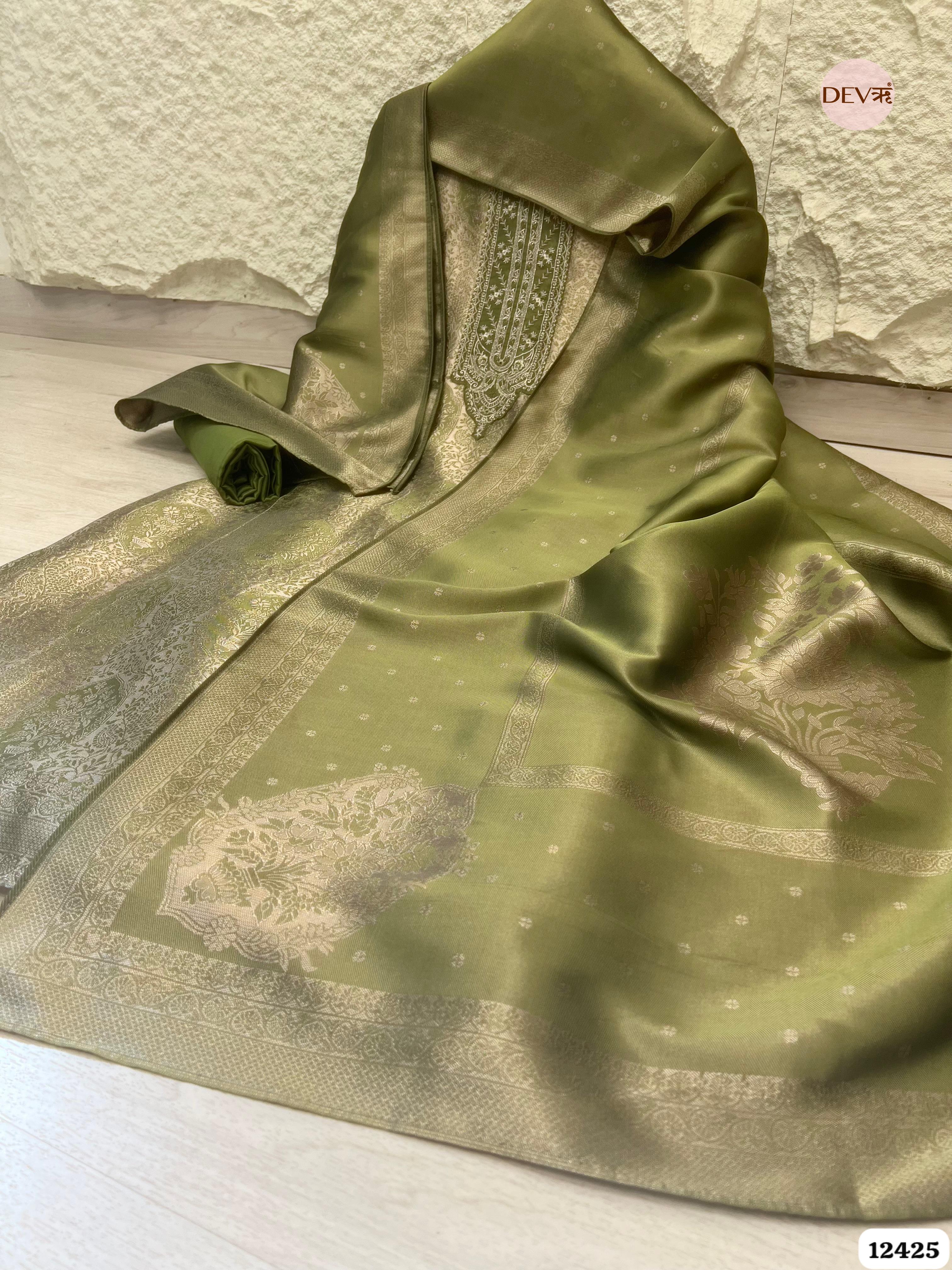Soft Olive Banarasi Silk Printed Unstitched 3-Piece Suit (Devri – D.No. 12425)