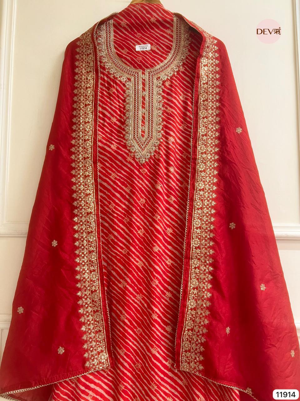Red Modal Silk Embroidered Bandhej Unstitched 3-Piece Suit (Devri – D.No 11914)