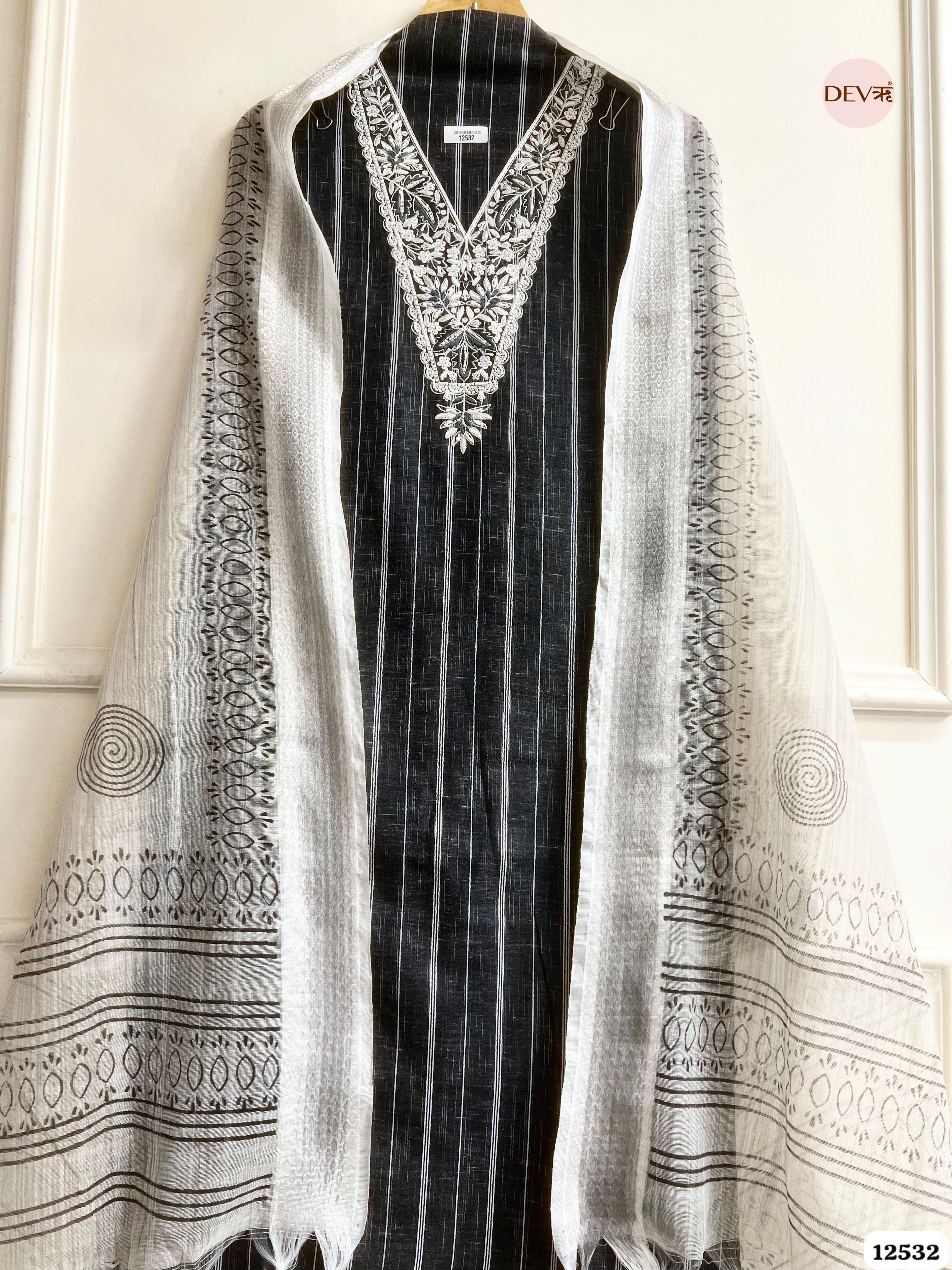 Black Handloom Cotton Embroidered Unstitched 3-Piece Suit (Devri – D.No. 12532)