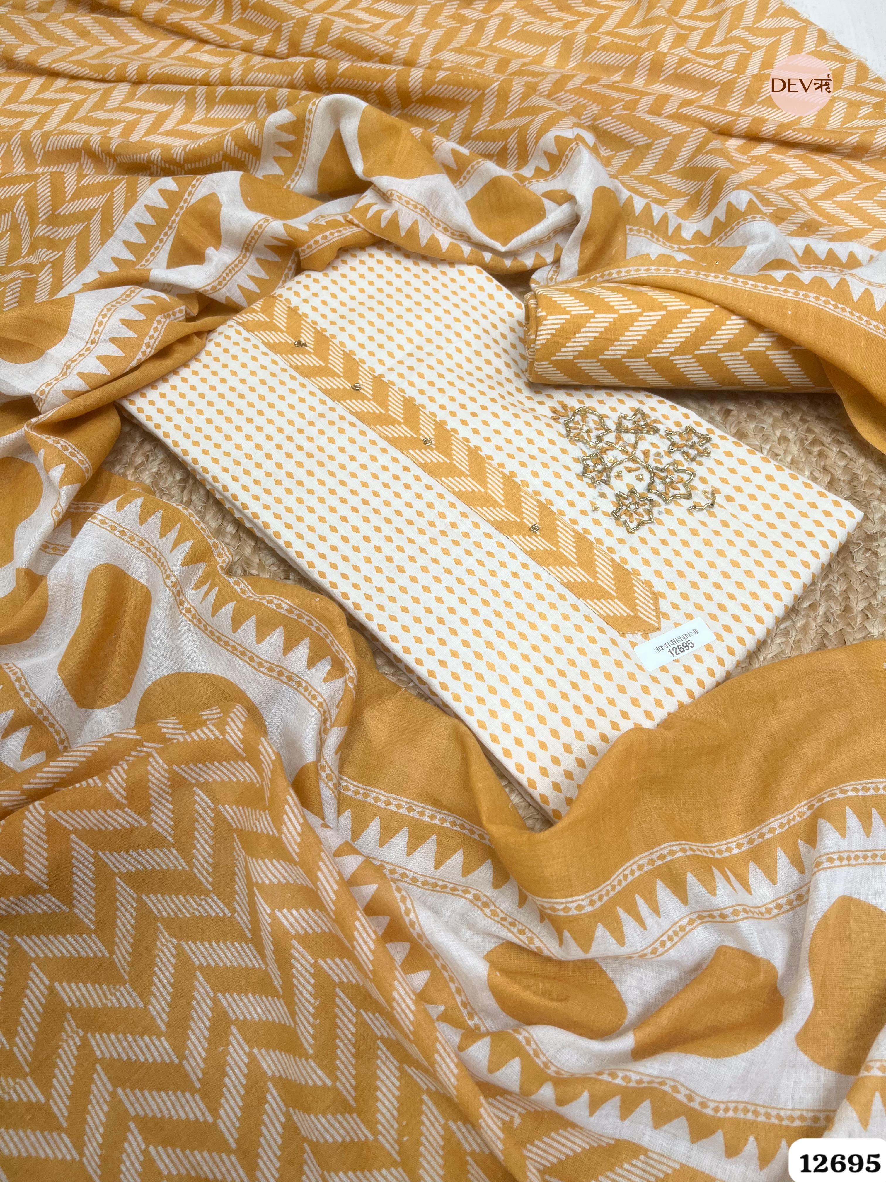 Mustard Yellow Cotton Printed Unstitched 3-Piece Suit (Devri – D.No 12695)