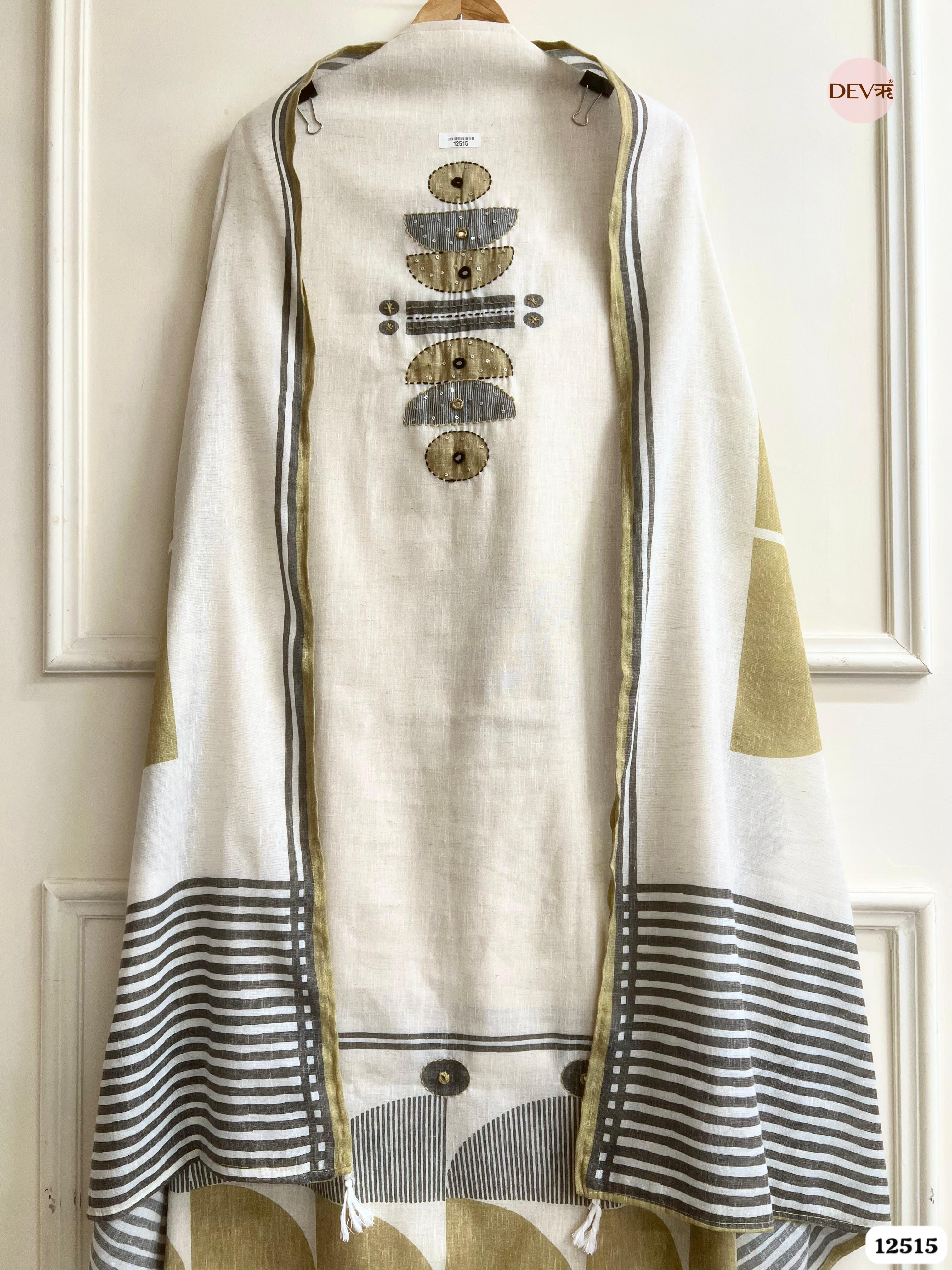 Ivory & Olive Linen Cotton Printed Unstitched 3-Piece Suit (Devri – D.No 12515)
