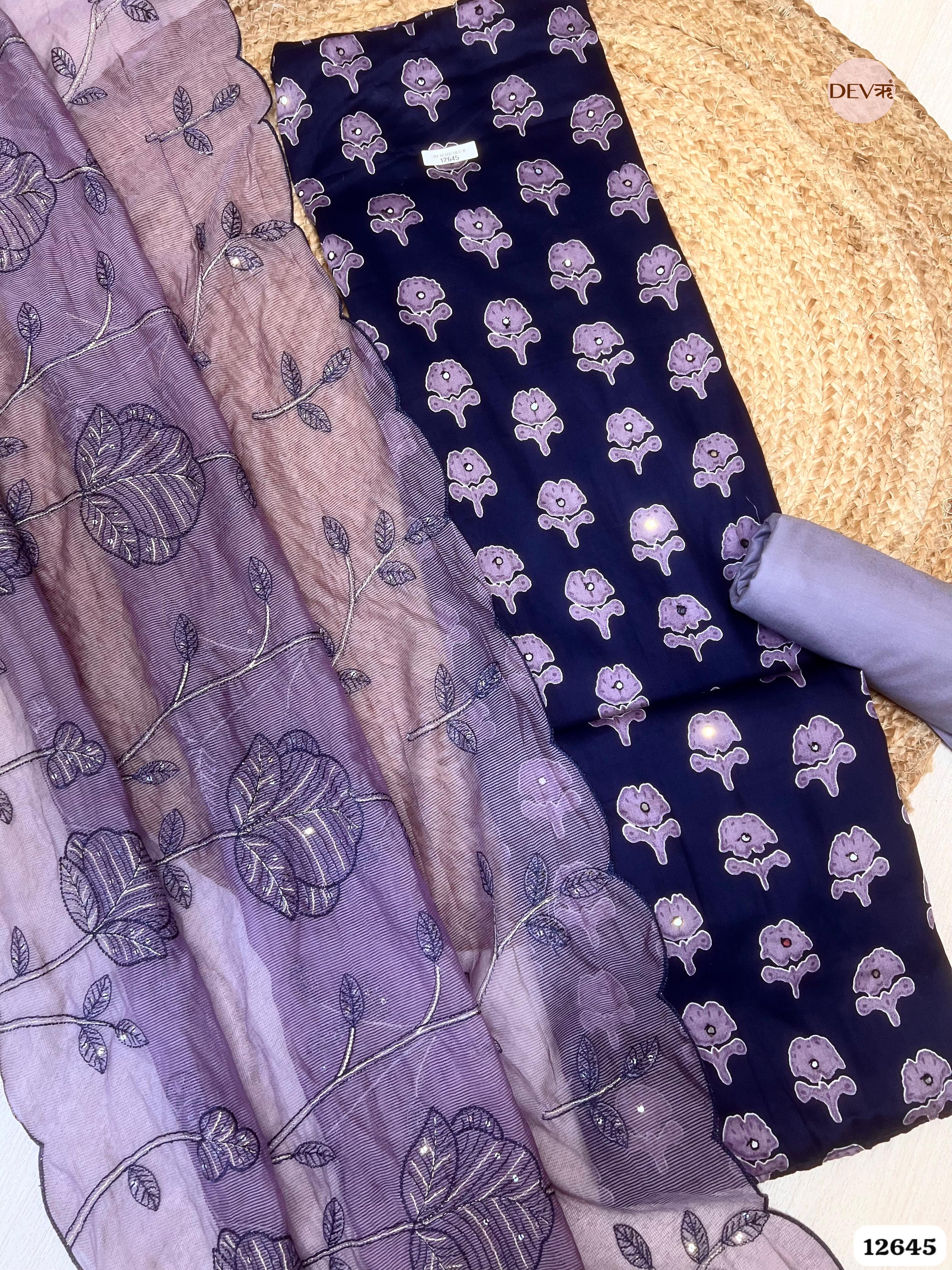 Navy Blue Cotton Printed Unstitched 3-Piece Suit (Devri – D.No 12645)