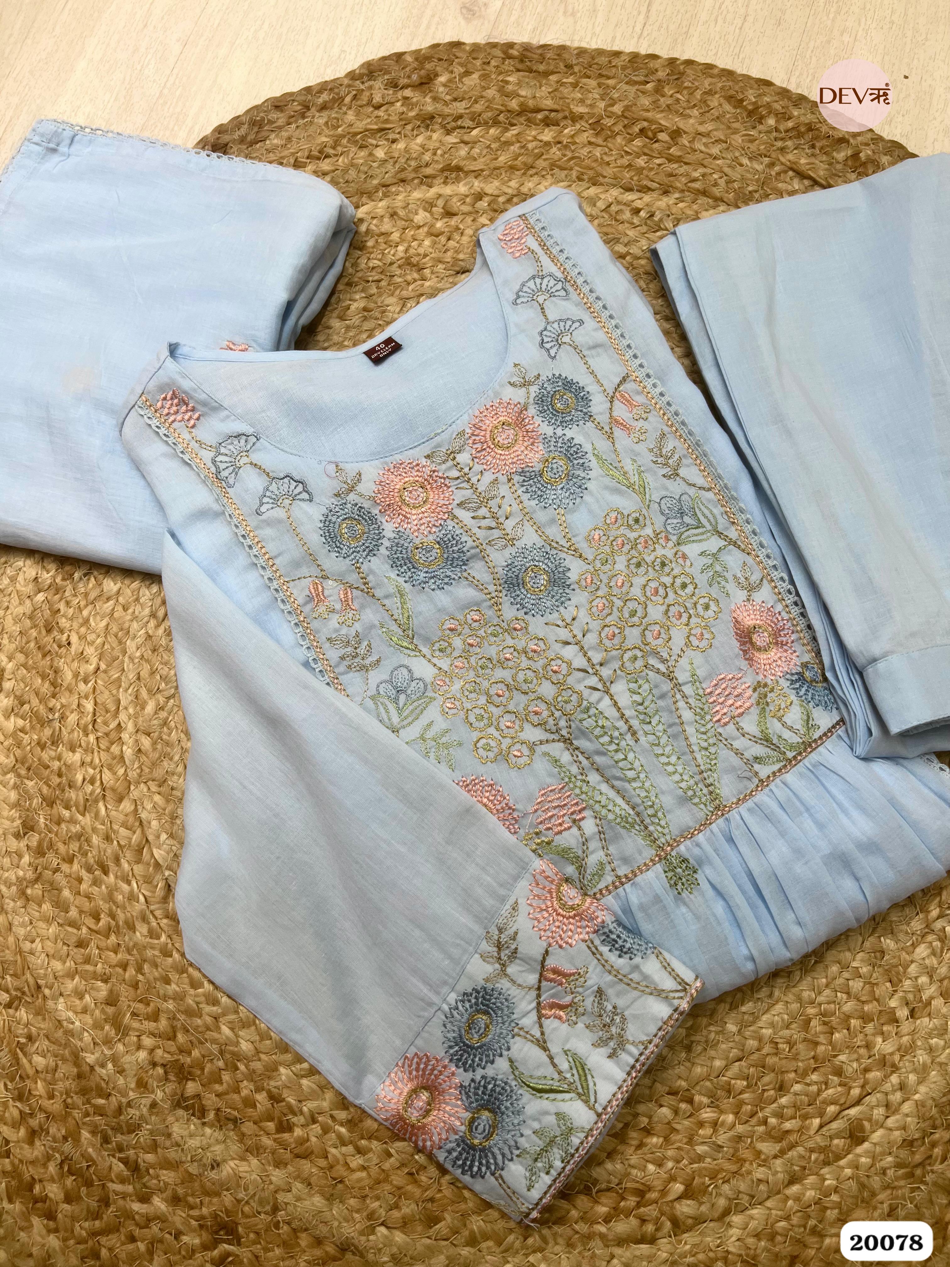 Aarya Cotton Embroidered Powder Blue 3-Piece Set (Devri – D.No 20078)