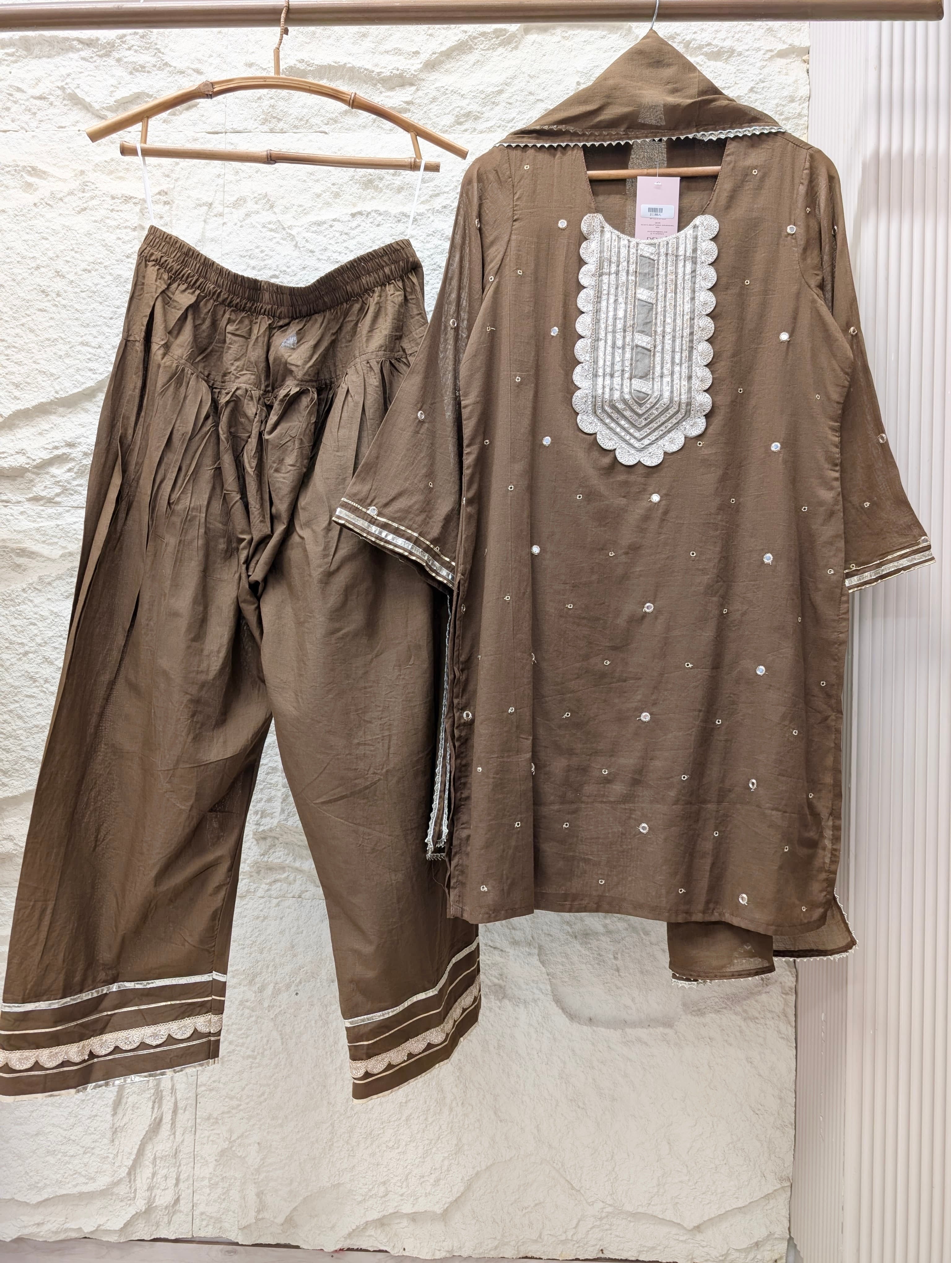 Zarmina Pure mul cotton Embroidered Brown 3-Piece Set (Devri – D.No 21188)