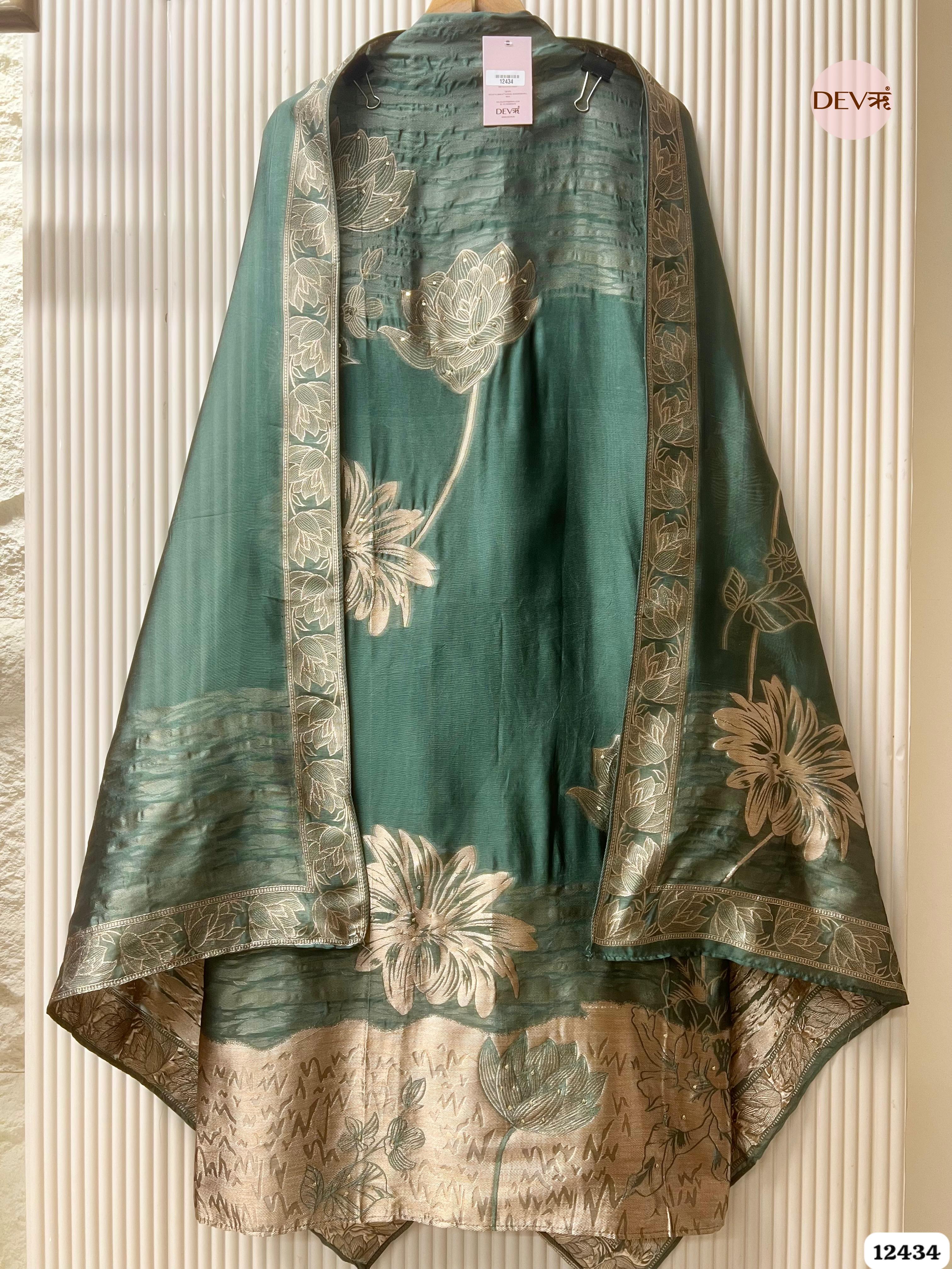 Deep Teal Banarasi Silk Embroidered Unstitched 3-Piece Suit (Devri – D.No. 12434 )