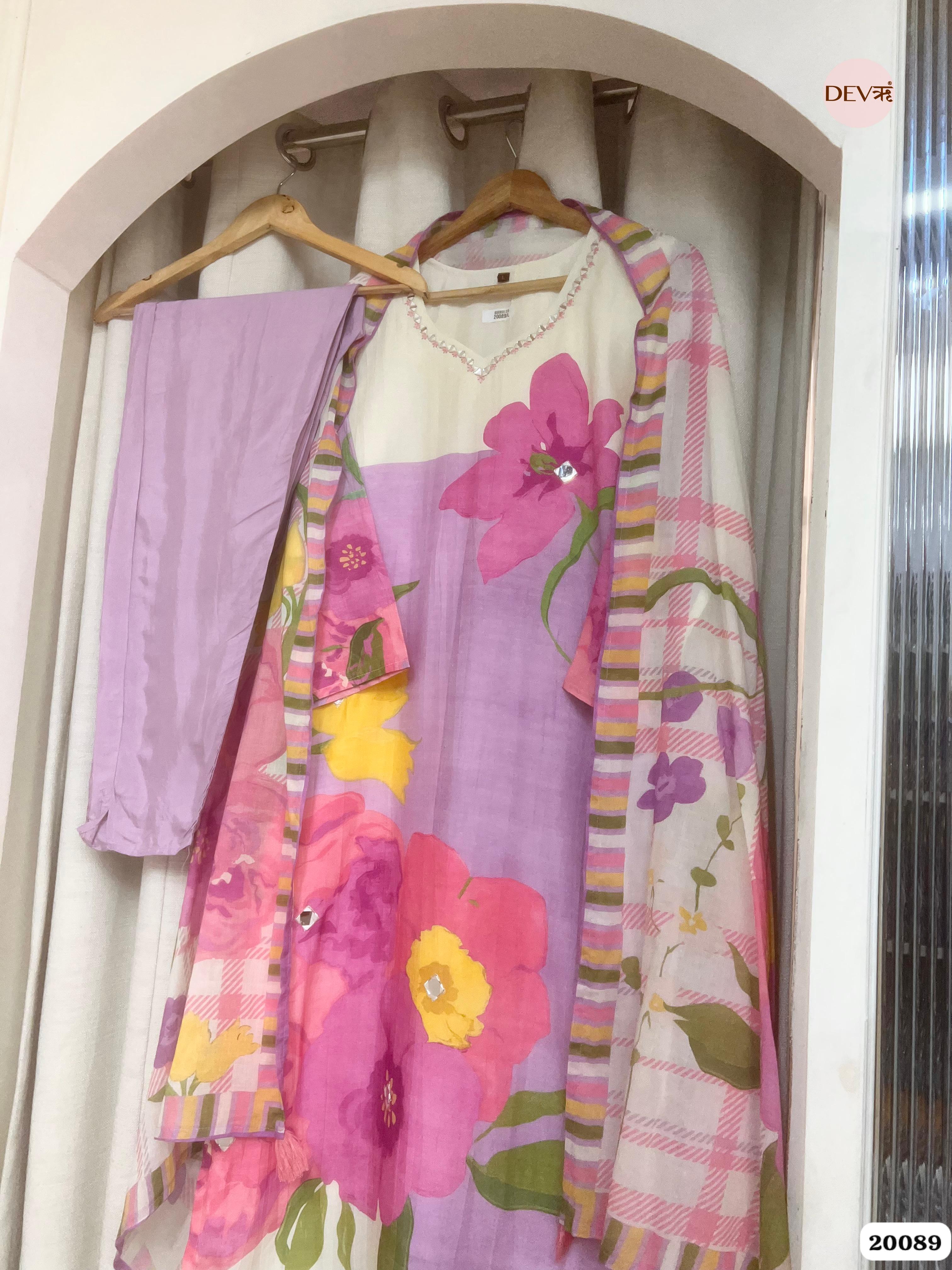 Sia Pure Cotton Printed Lavender & Ivory 3-Piece Set (Devri – D.No 20089)