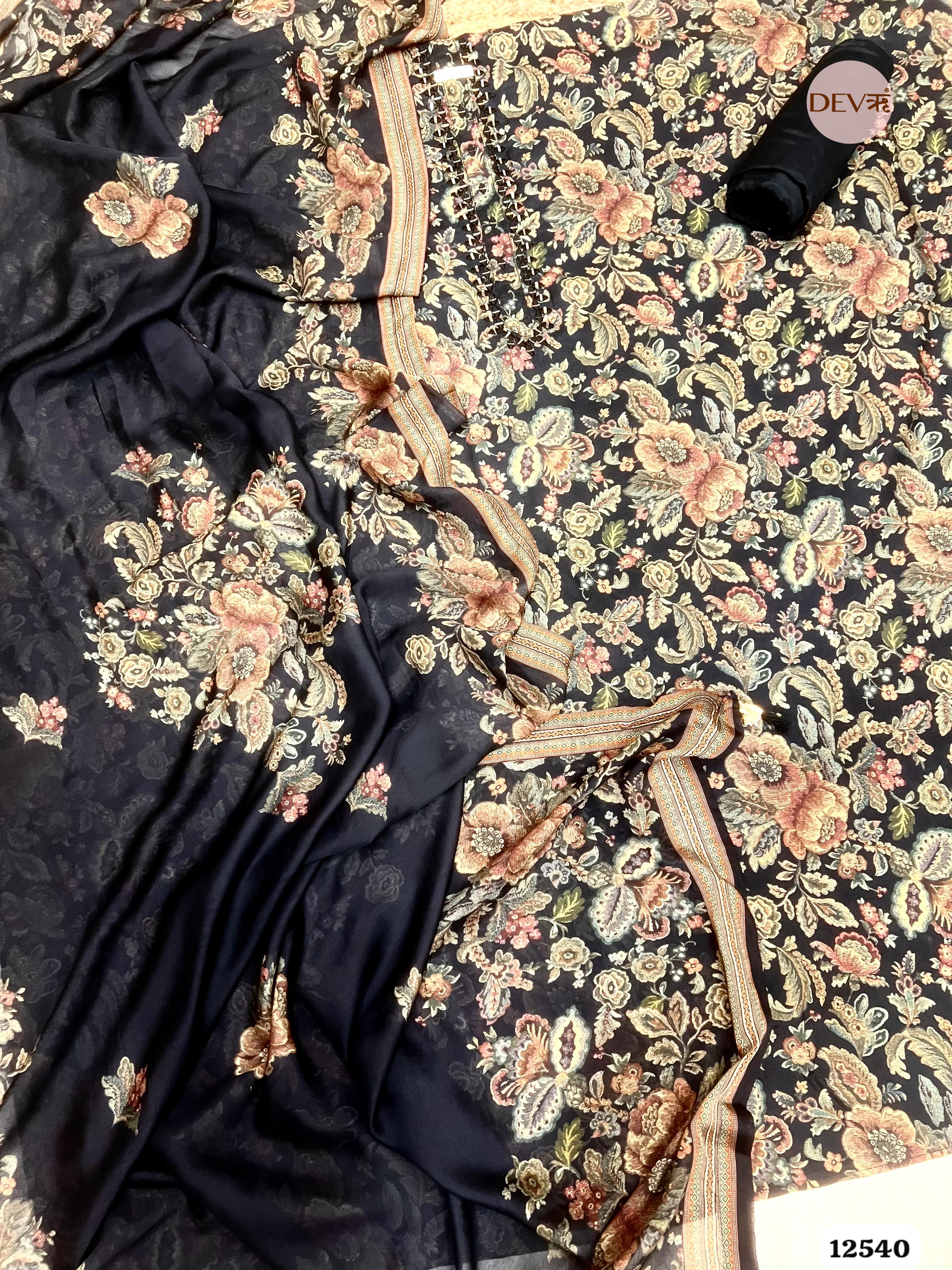 Black Muslin Printed Unstitched 3-Piece Suit (Devri – D.No. 12540)