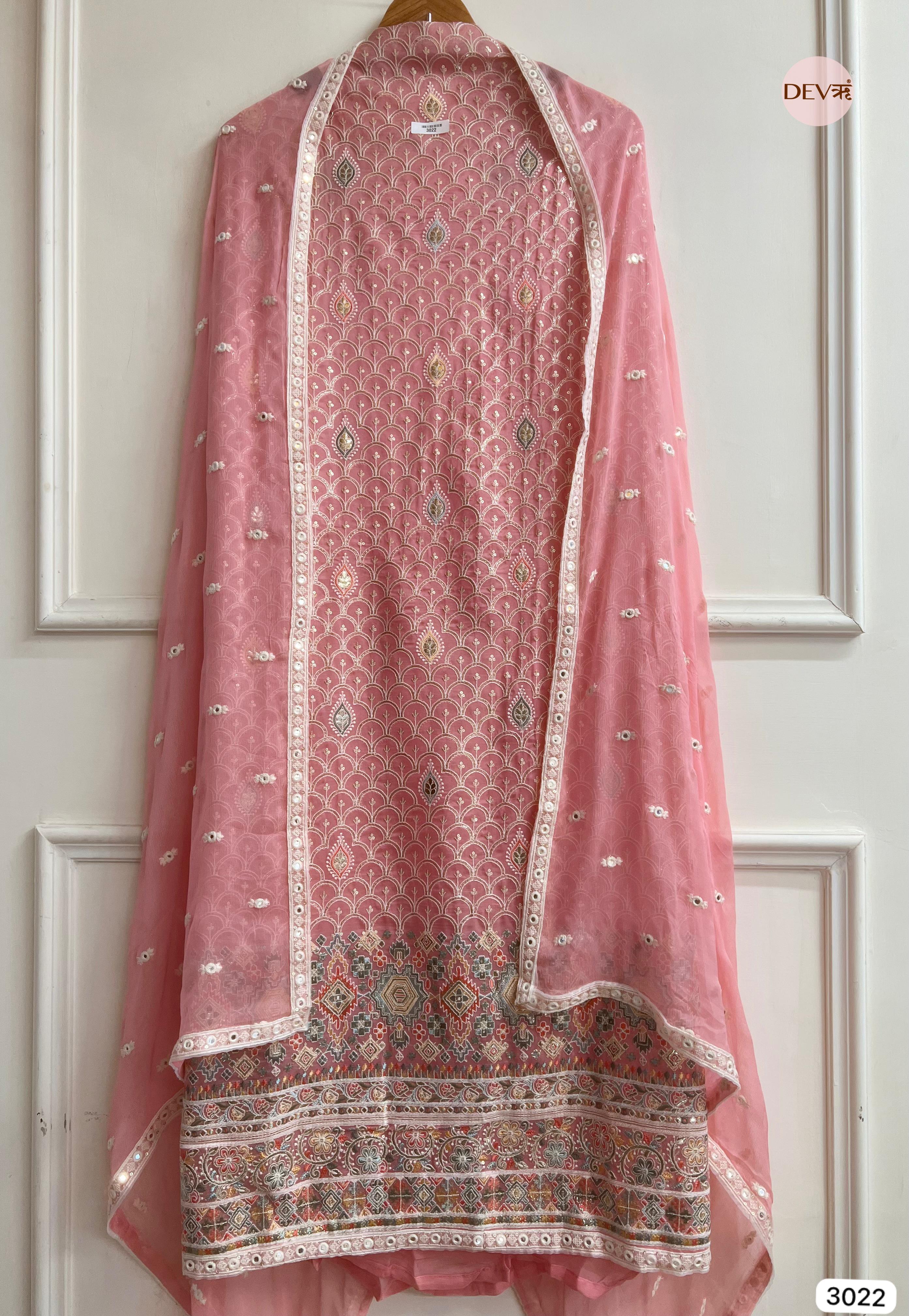Pink Organza Embroidered Unstitched 3-Piece Suit (Devri – D.No 3022)