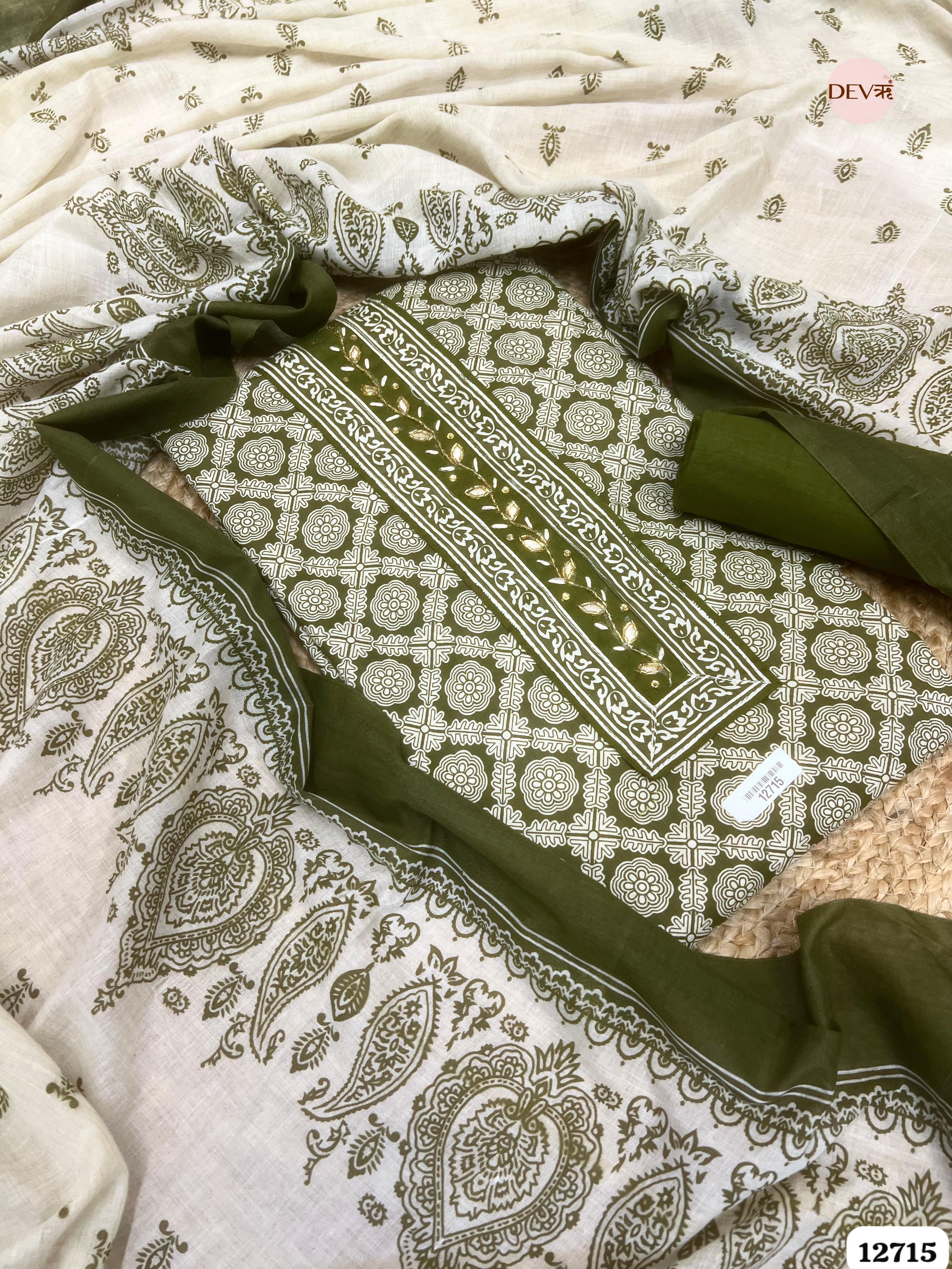 Olive Green Cotton Printed Unstitched 3-Piece Suit (Devri – D.No 12715)
