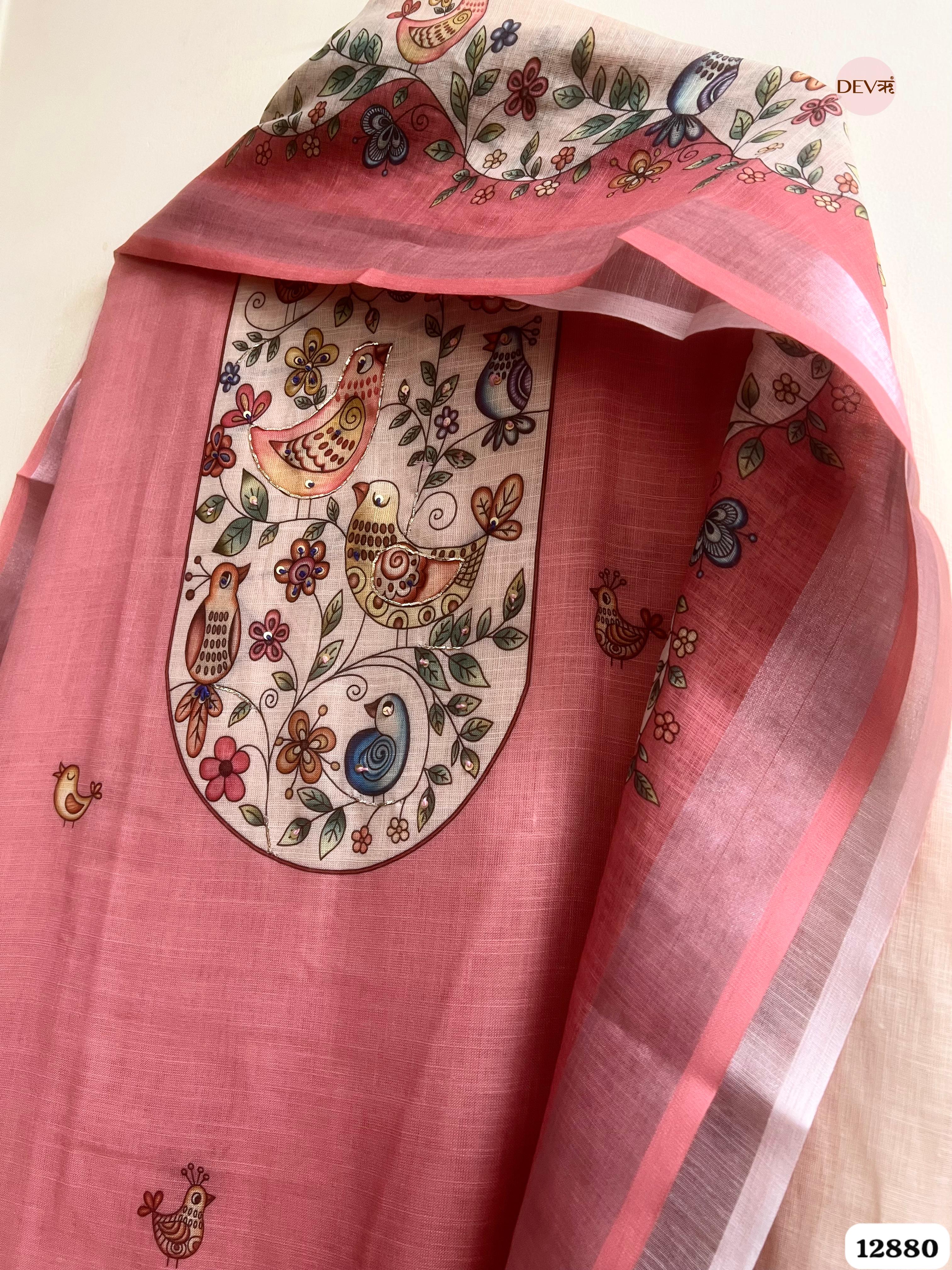Pink Linen Cotton Printed Unstitched 3-Piece Suit (Devri – D.No 12880)
