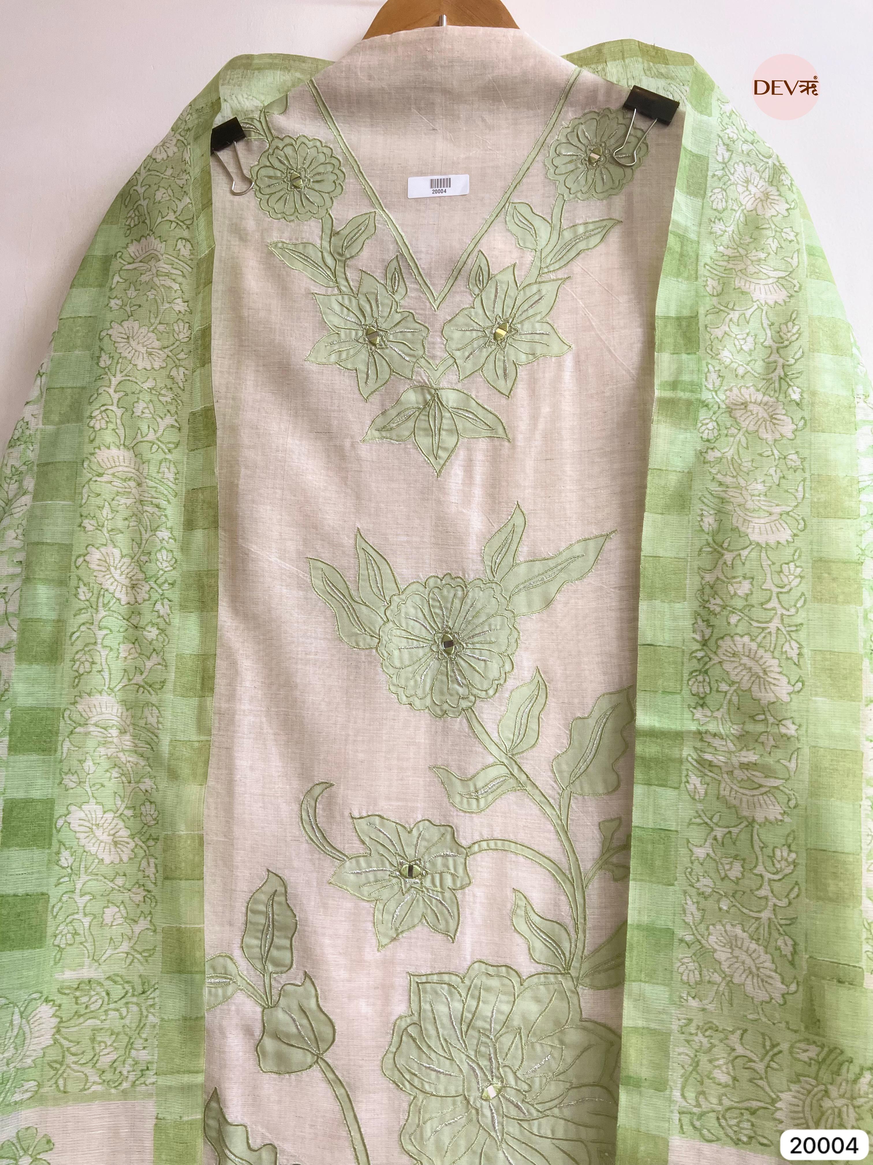 Green Pure Linen Cotton Embroidered Unstitched 3-Piece Suit (Devri – D.No 20004)