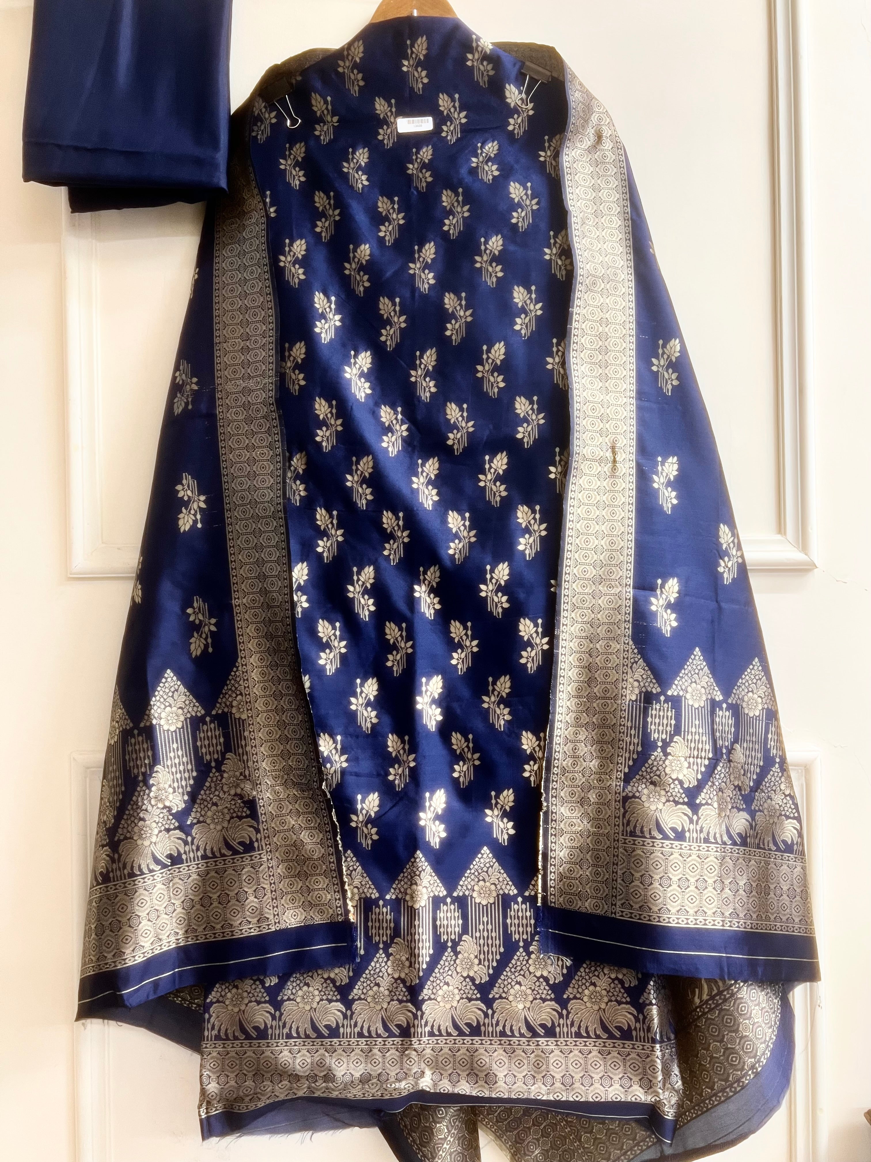 Navy Banarasi Silk Printed Unstitched 3-Piece Suit (Devri – D.No 13408)