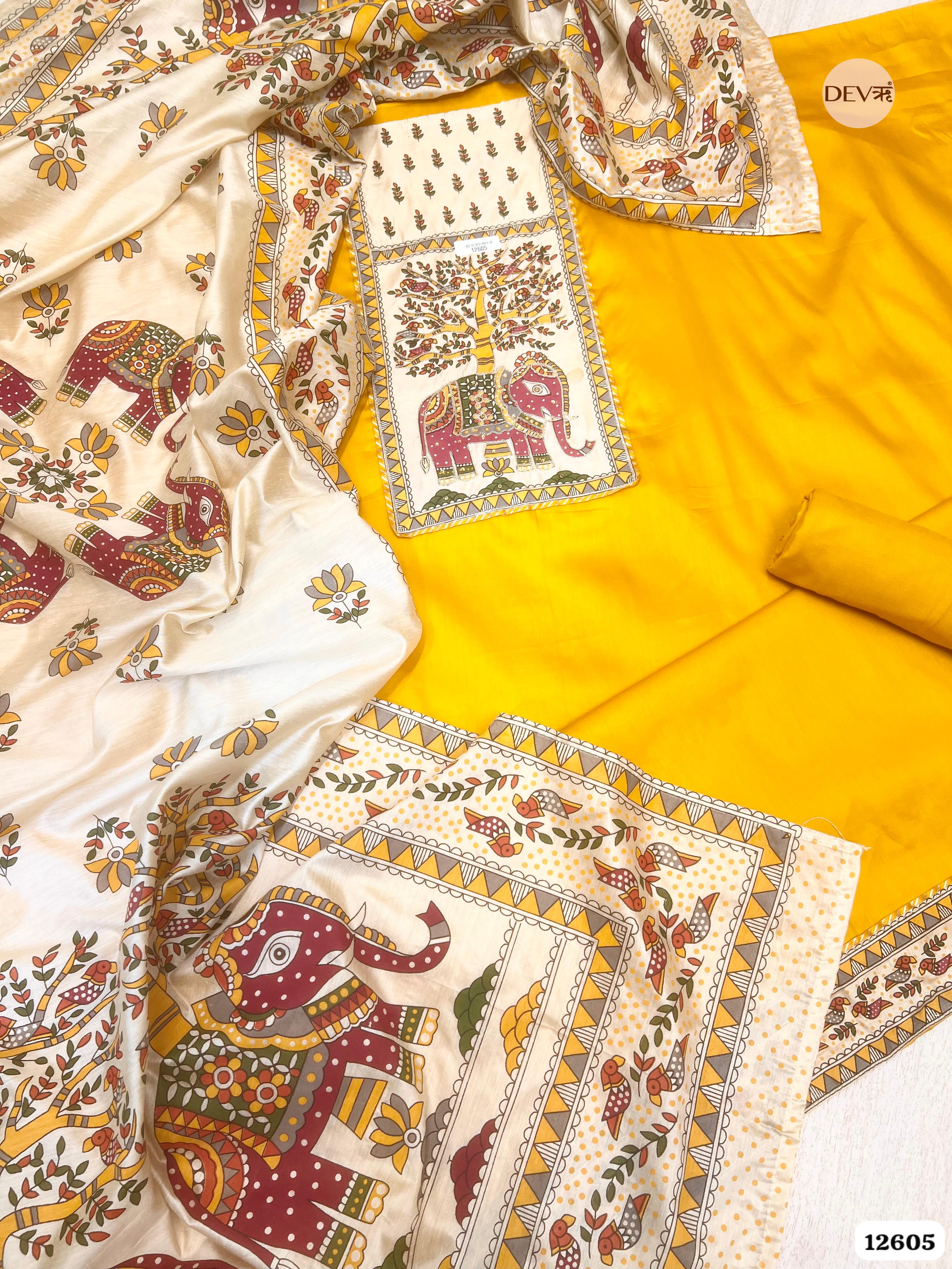 Mustard Yellow Cotton Embroidered Unstitched 3-Piece Suit (Devri – D.No. 12605)