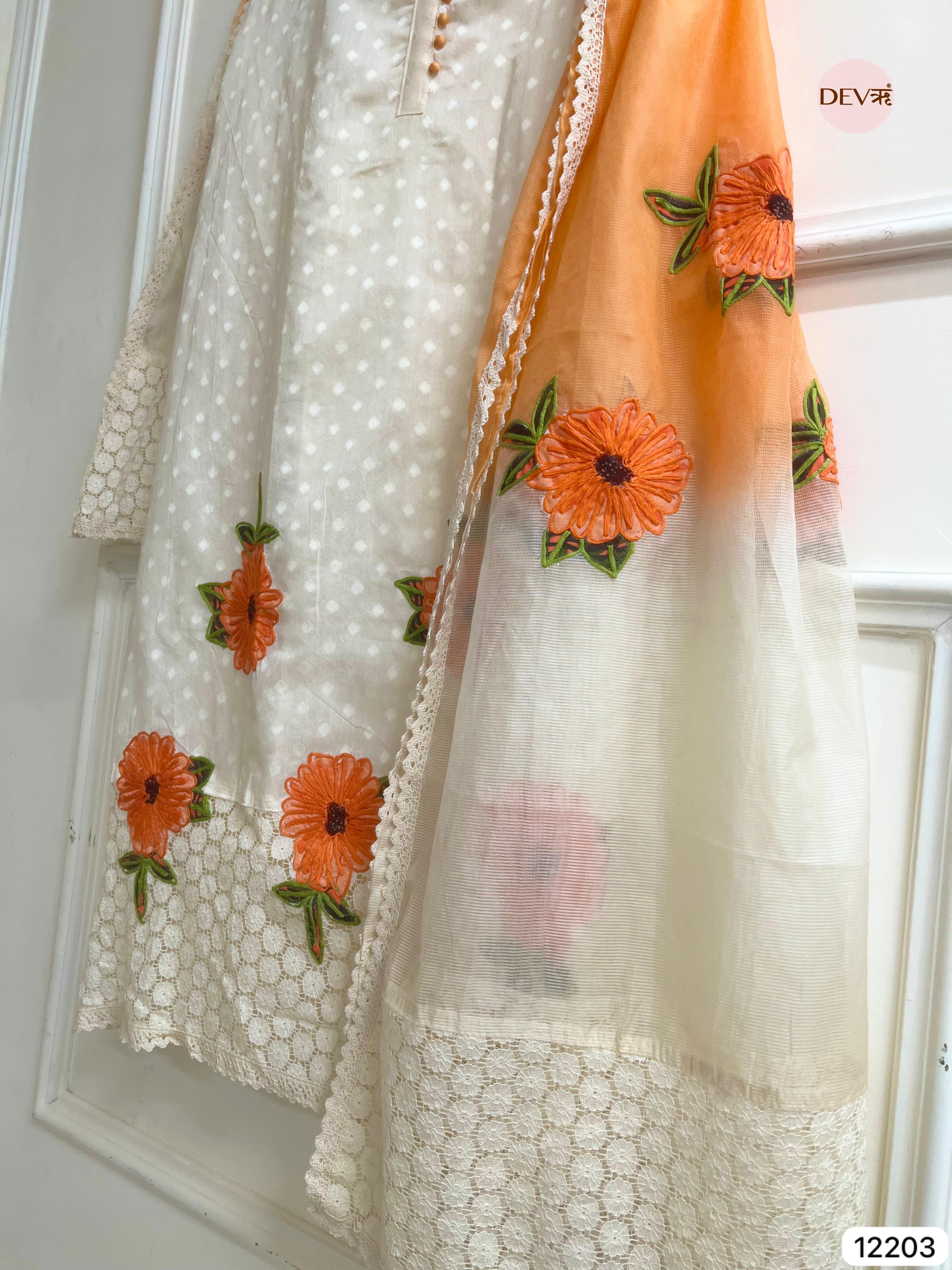 Aarini Mul Chanderi Floral-Embroidered 3-Piece Set (Devri – D.No 12203)