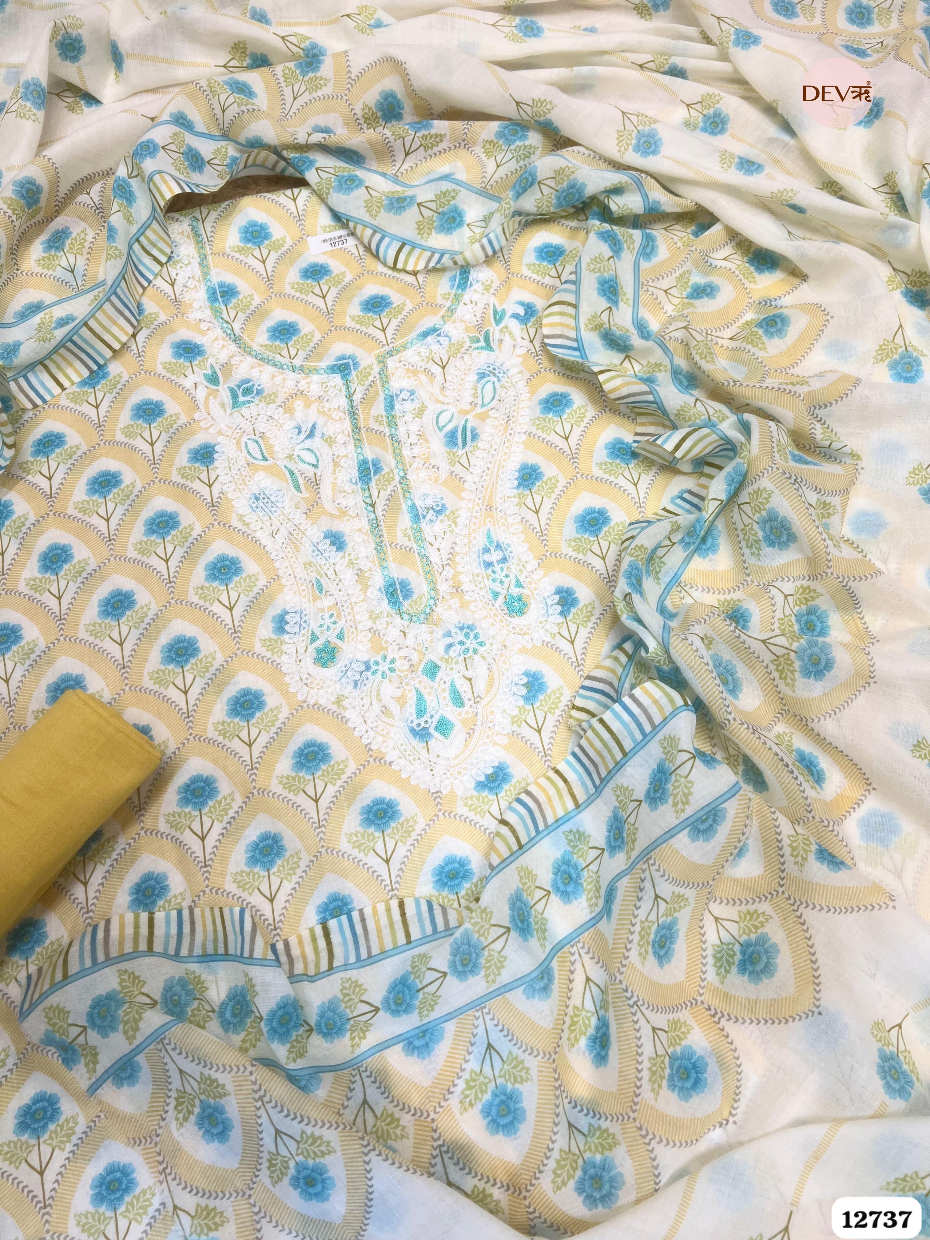 Yellow Cotton Embroidered Unstitched 3-Piece Suit (Devri – D.No 12737)