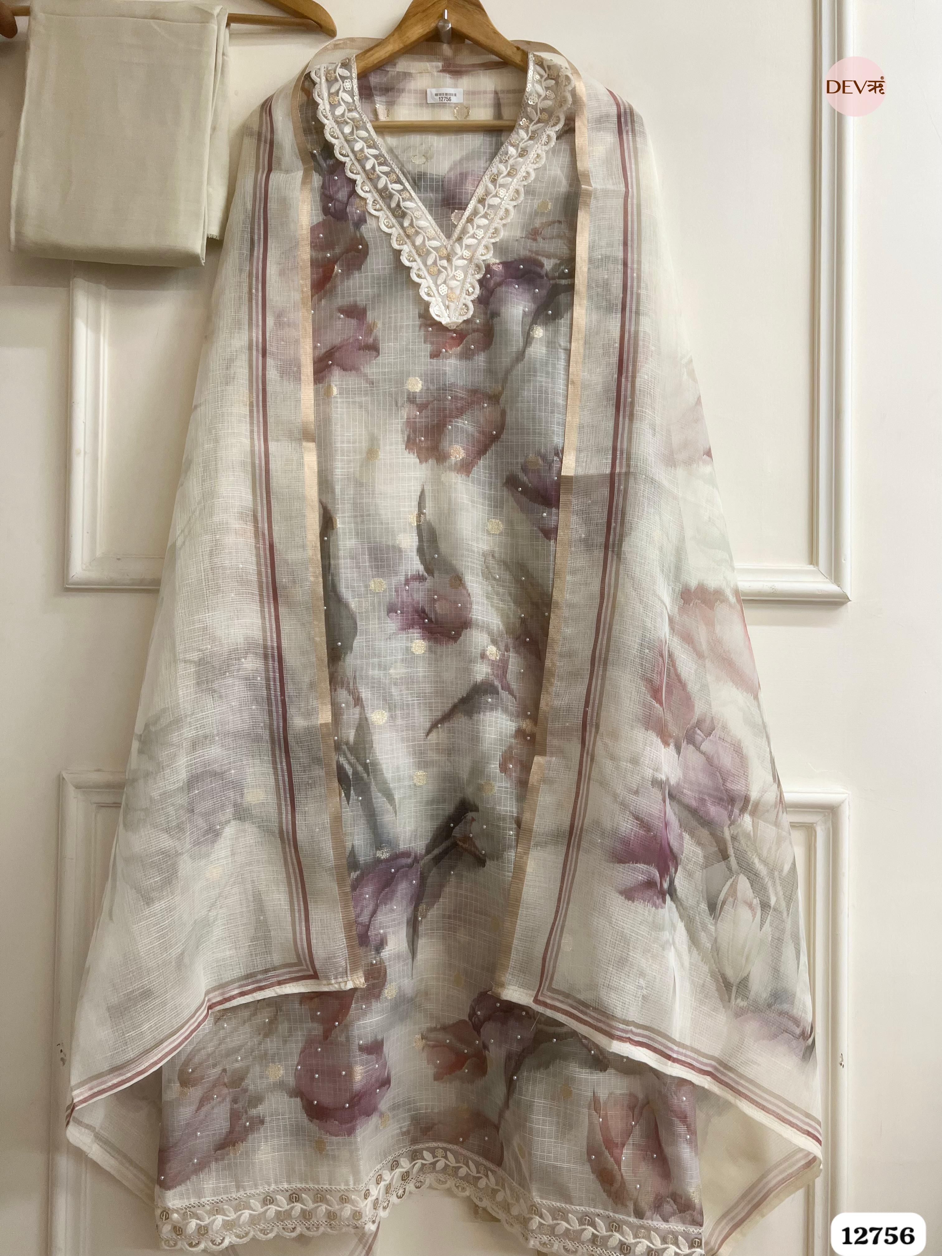 Ivory Kota Doria Floral Unstitched 3-Piece Suit (Devri – D.No 12756)