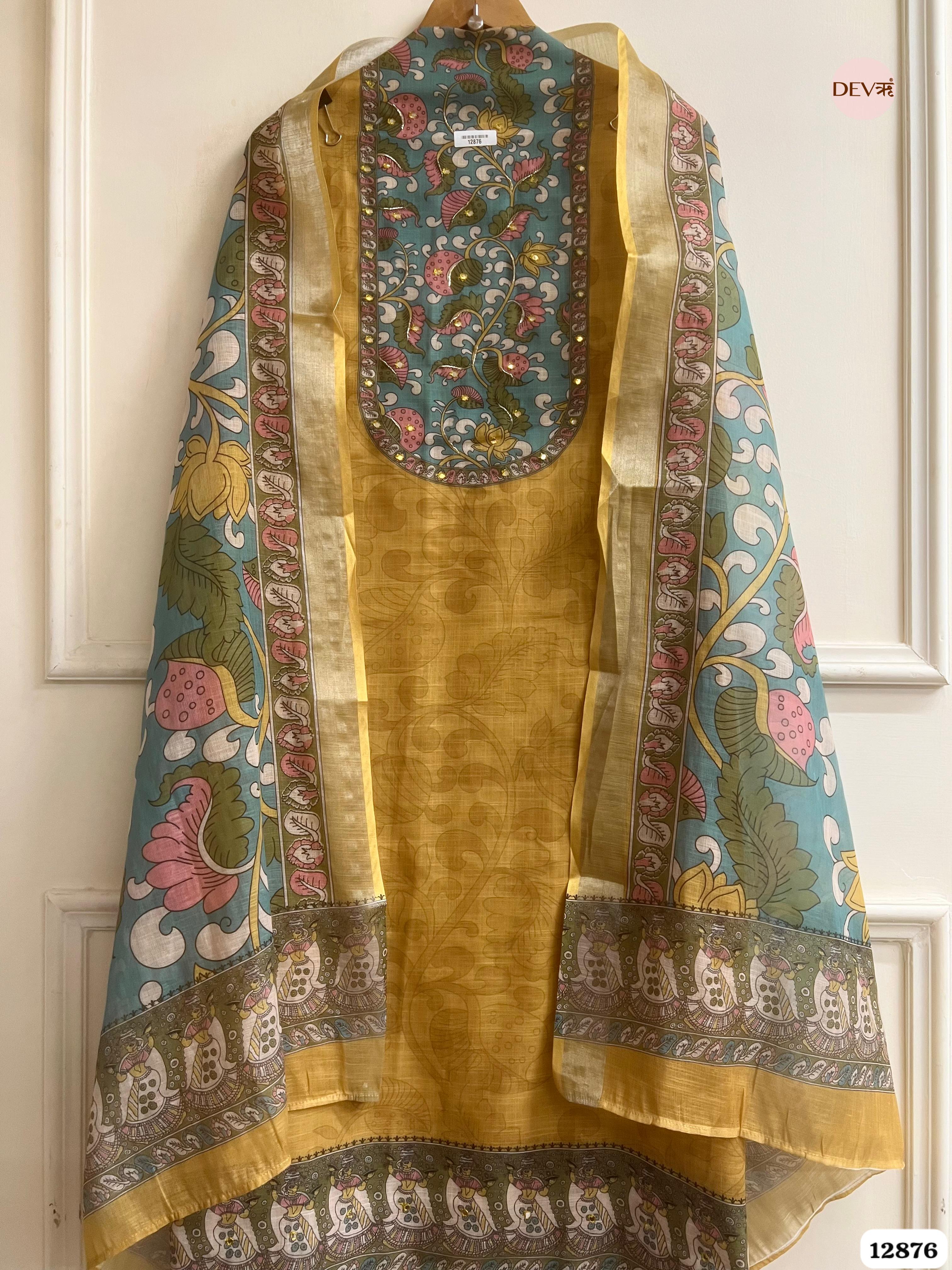 Mustard Yellow Linen Cotton Printed Unstitched 3-Piece Suit (Devri – D.No 12876)