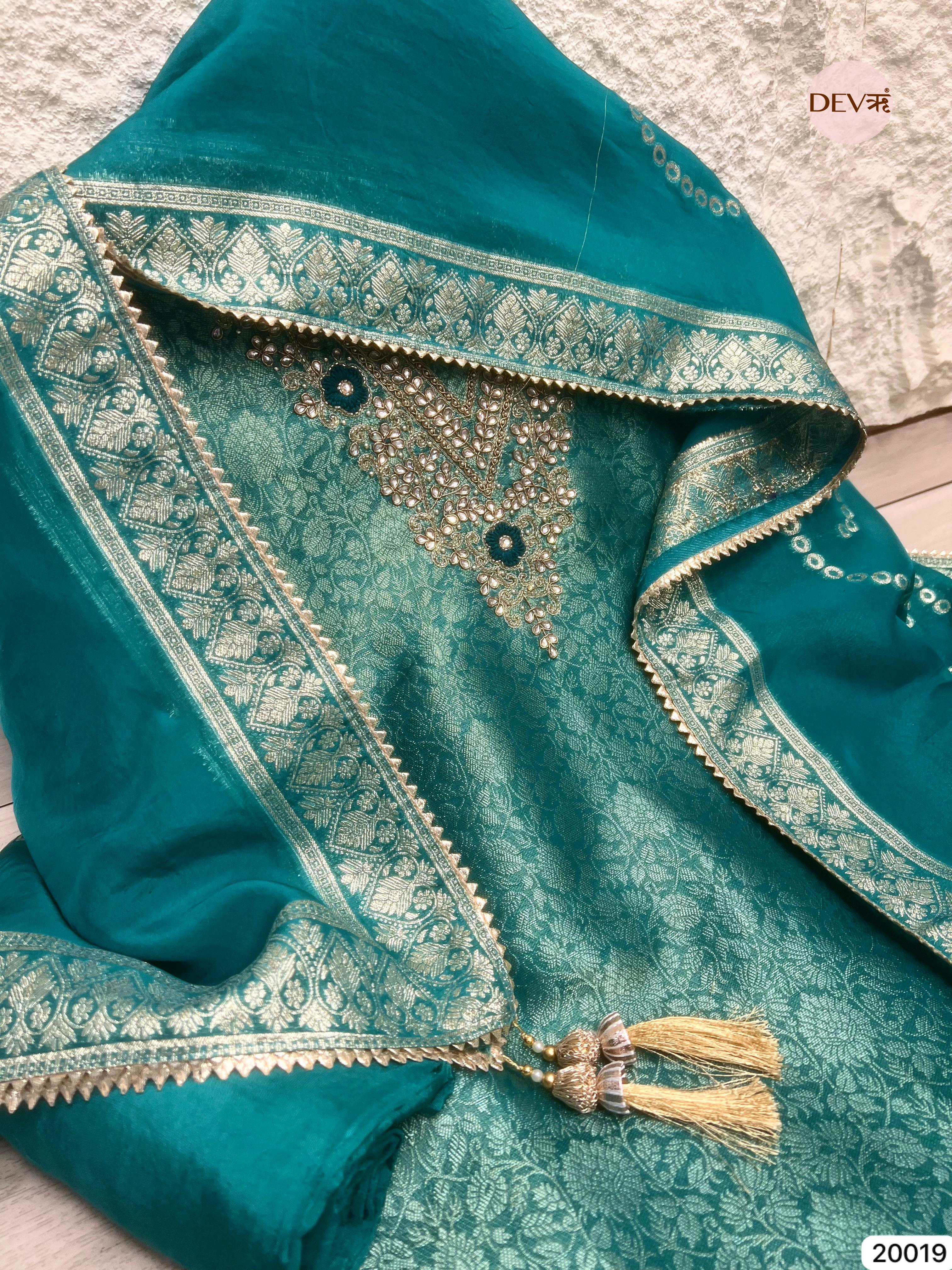 Teal Blue Tissue Jacquard Embroidered Unstitched 3-Piece Suit (Devri – D.No 20019)
