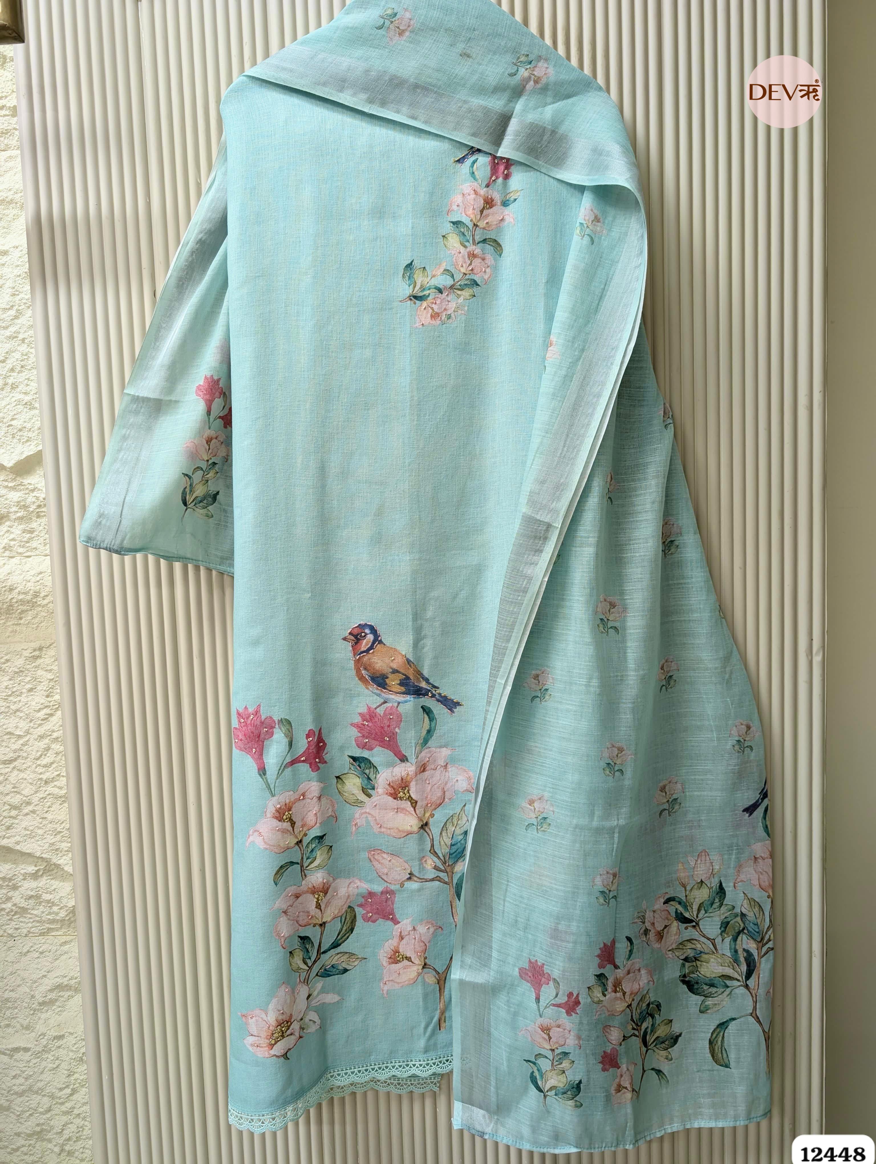 Aqua Blue Linen Cotton Printed Unstitched 3-Piece Suit (Devri – D.No.12448)