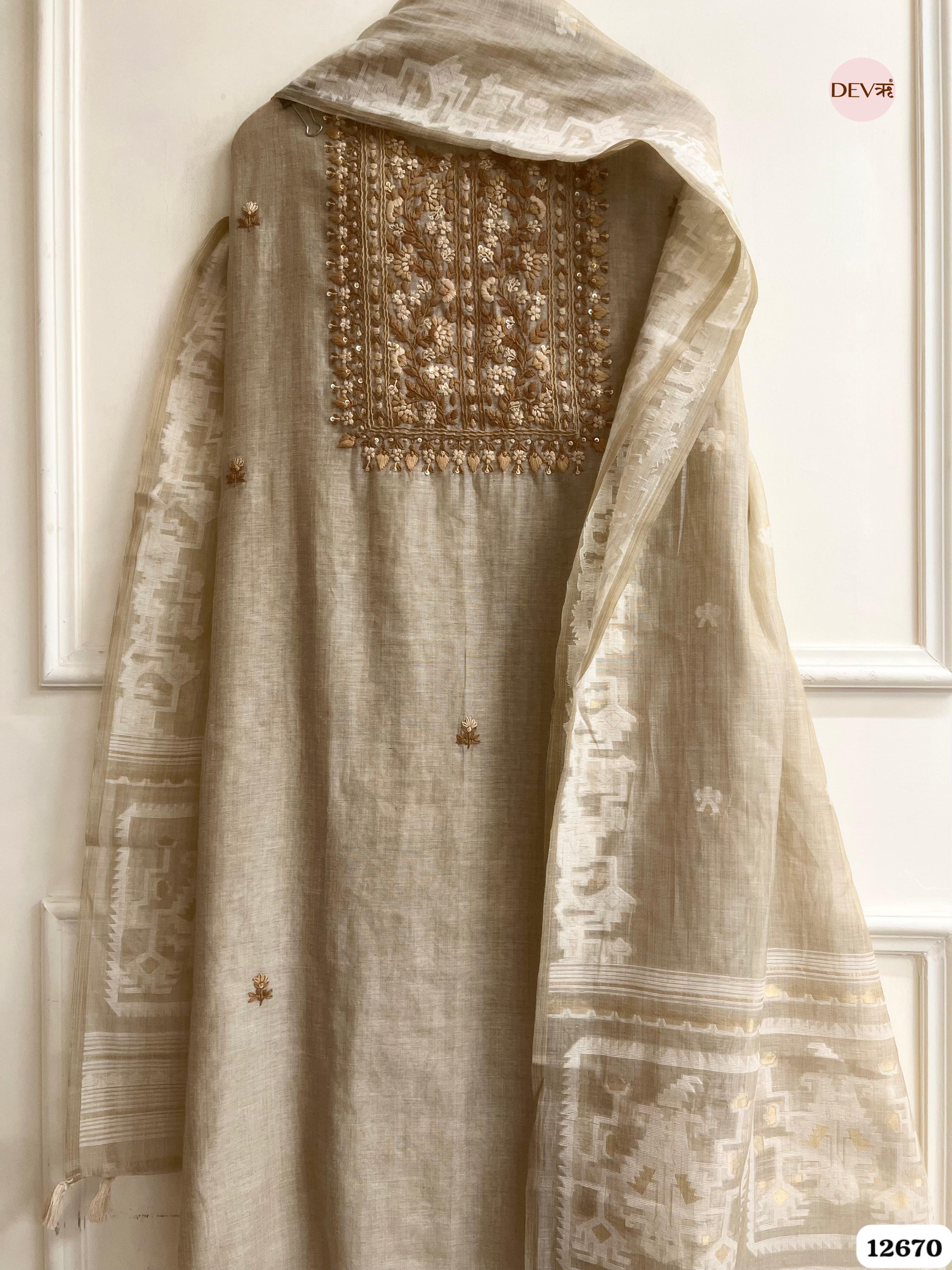 Beige Mul Chanderi Embroidered Unstitched 3-Piece Suit (Devri – D.No 12670)