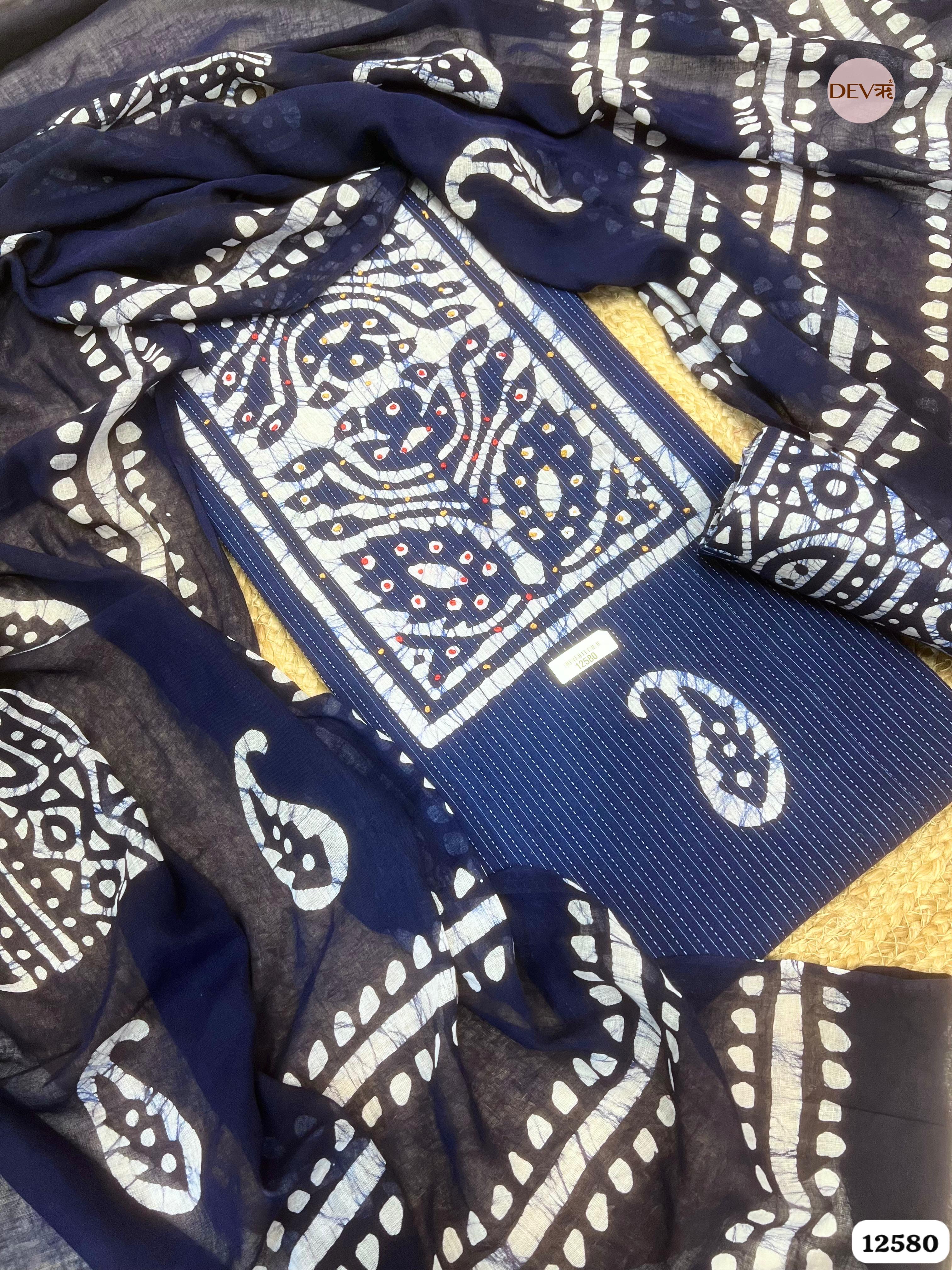 Navy Blue Cotton Batik Printed Unstitched 3-Piece Suit (Devri – D.No 12580)
