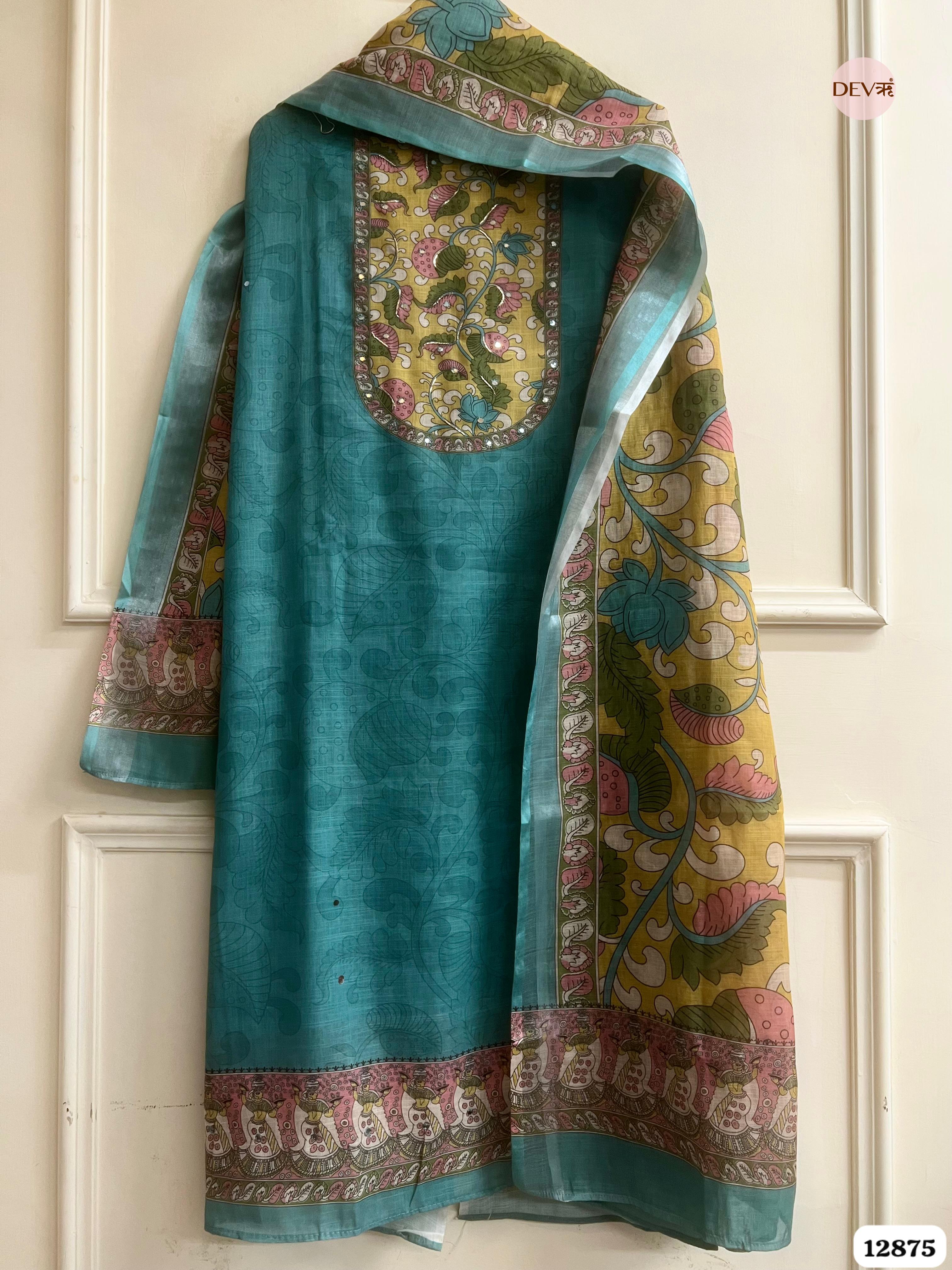Teal Blue Linen Cotton Printed Unstitched 3-Piece Suit (Devri – D.No 12875)