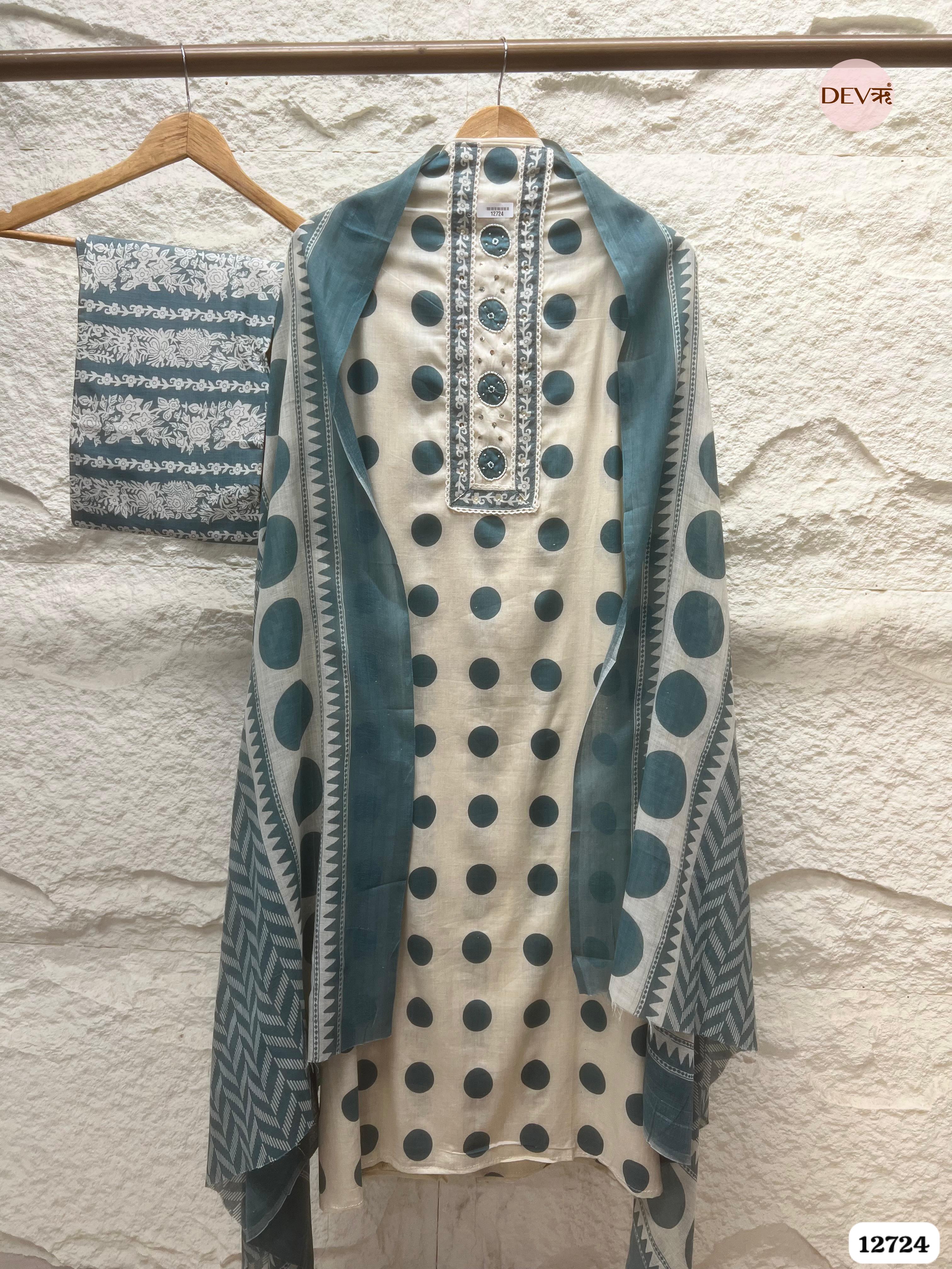 Teal Blue Cotton Printed Unstitched 3-Piece Suit (Devri – D.No 12724)