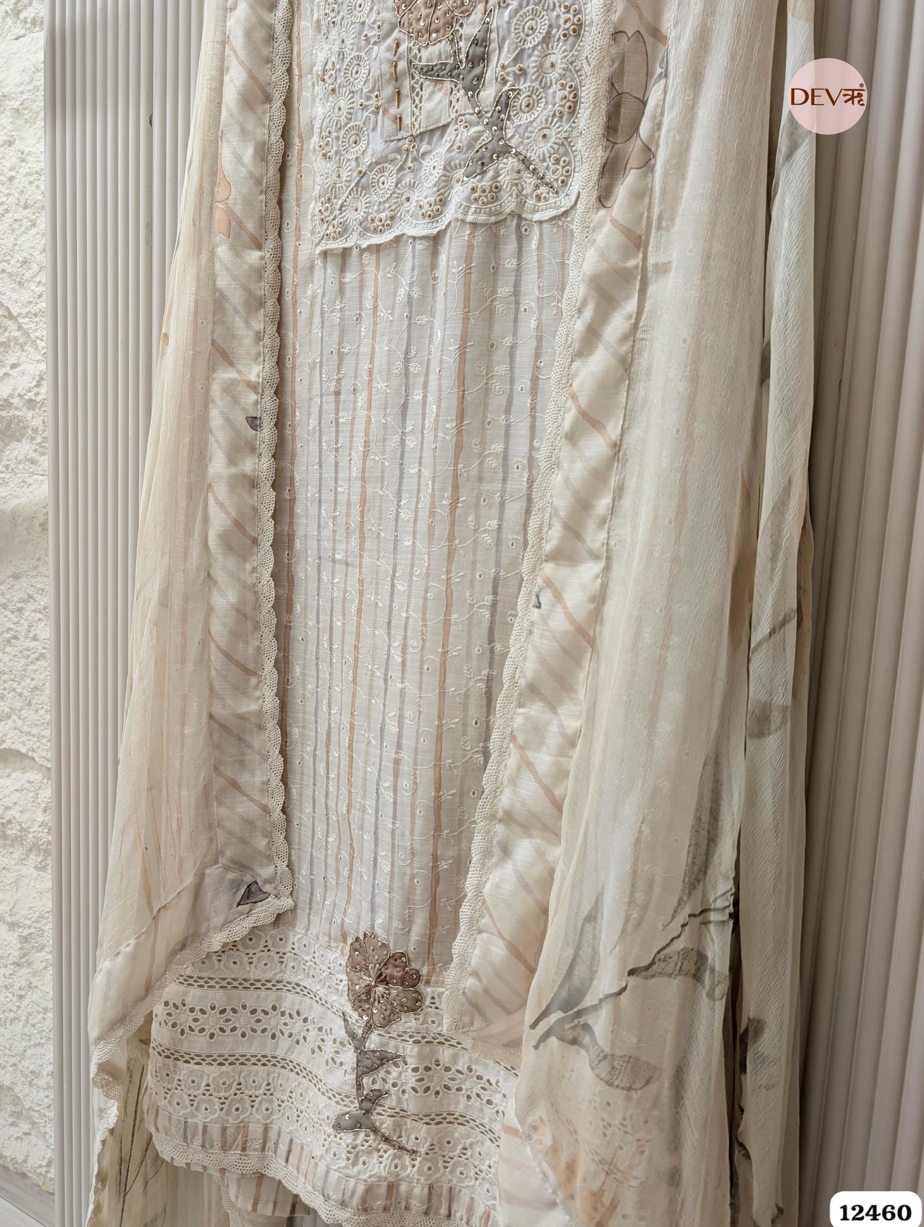 Beige & Mauve Pure Linen Embroidered Unstitched 3-Piece Suit (Devri – D.No 12460)