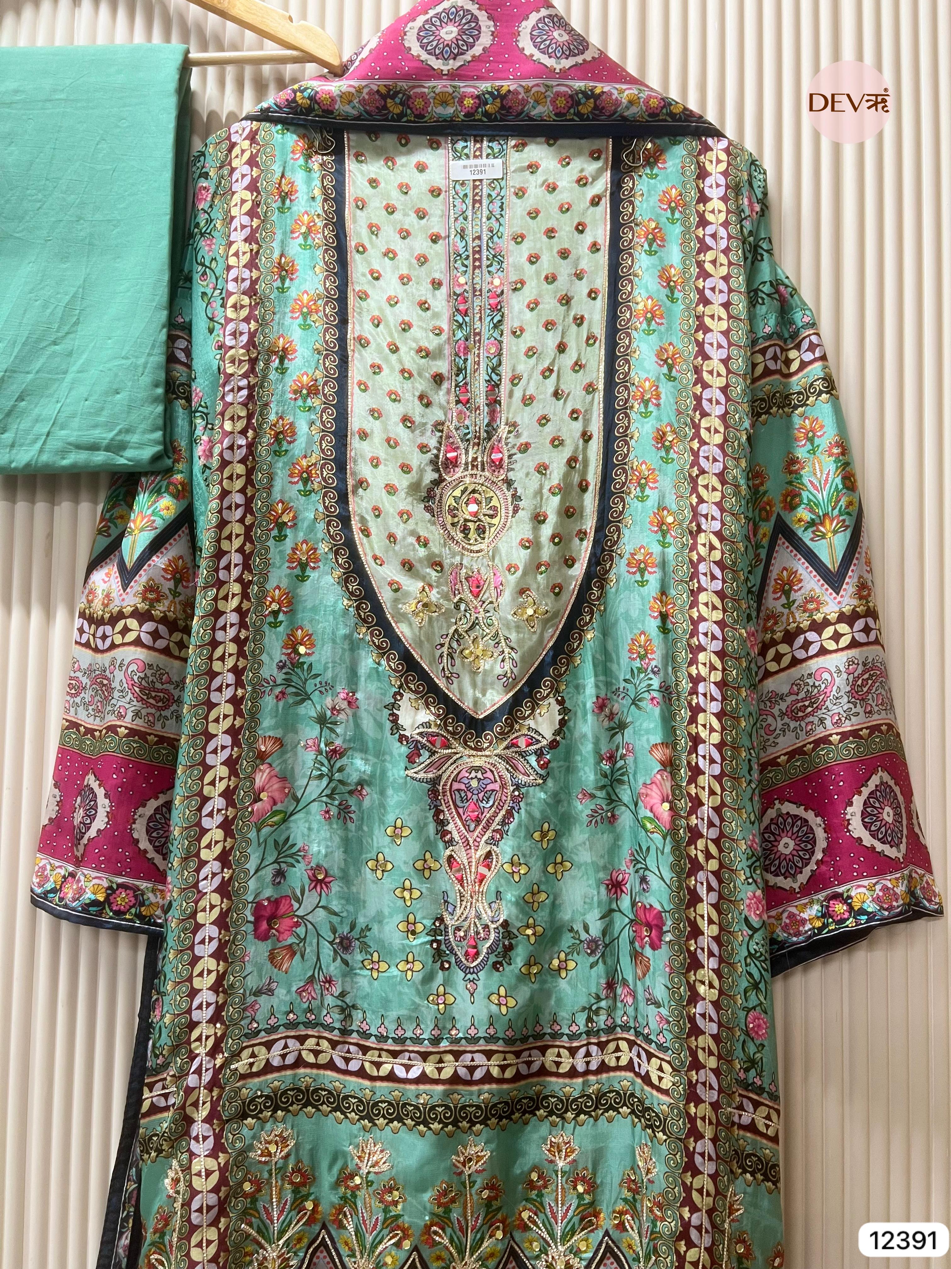 Mint Green Muslin Printed Unstitched 3-Piece Suit (Devri – D.No 12391)