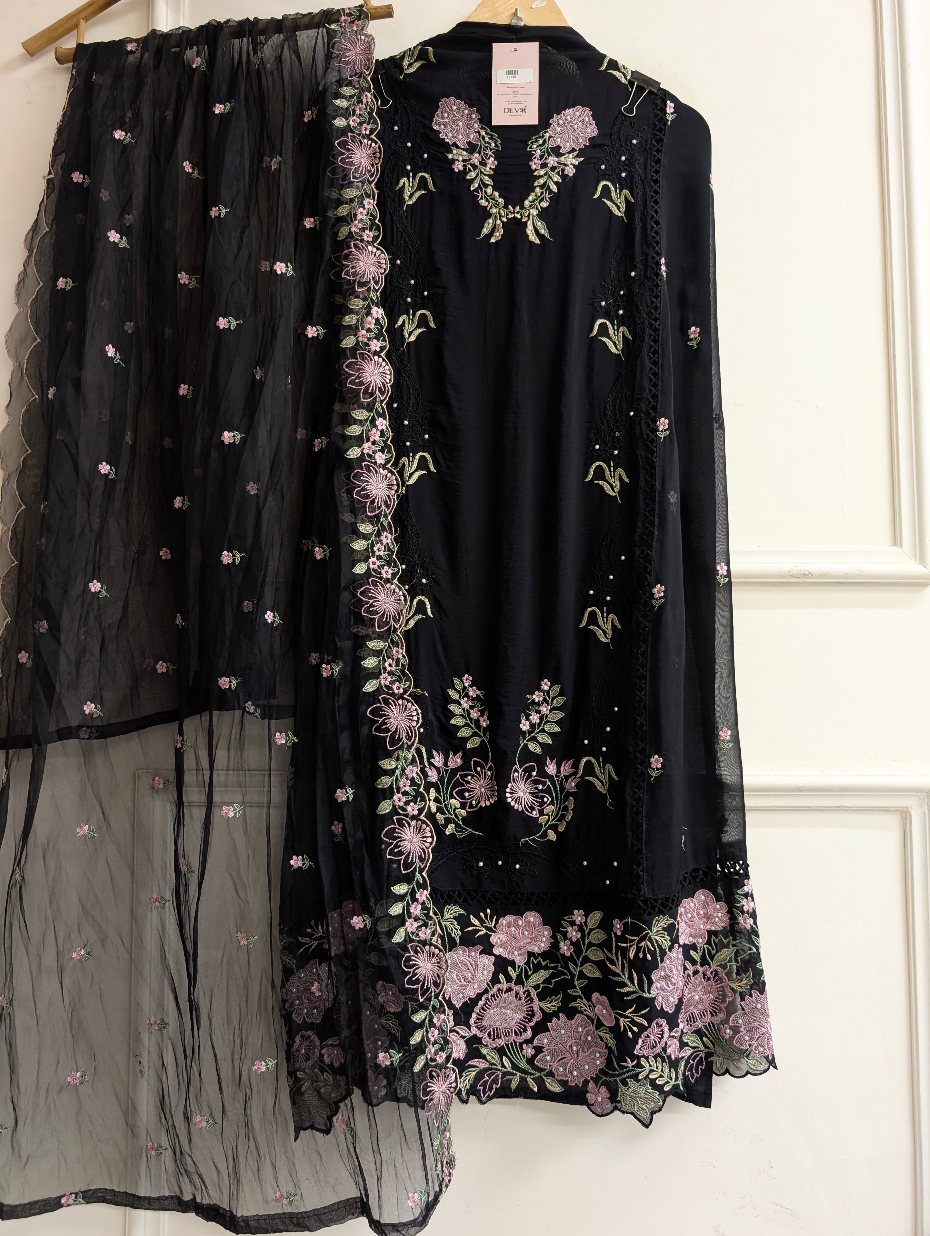 Black Organza Embroidered Unstitched 3-Piece Suit (Devri – D.No 13739)