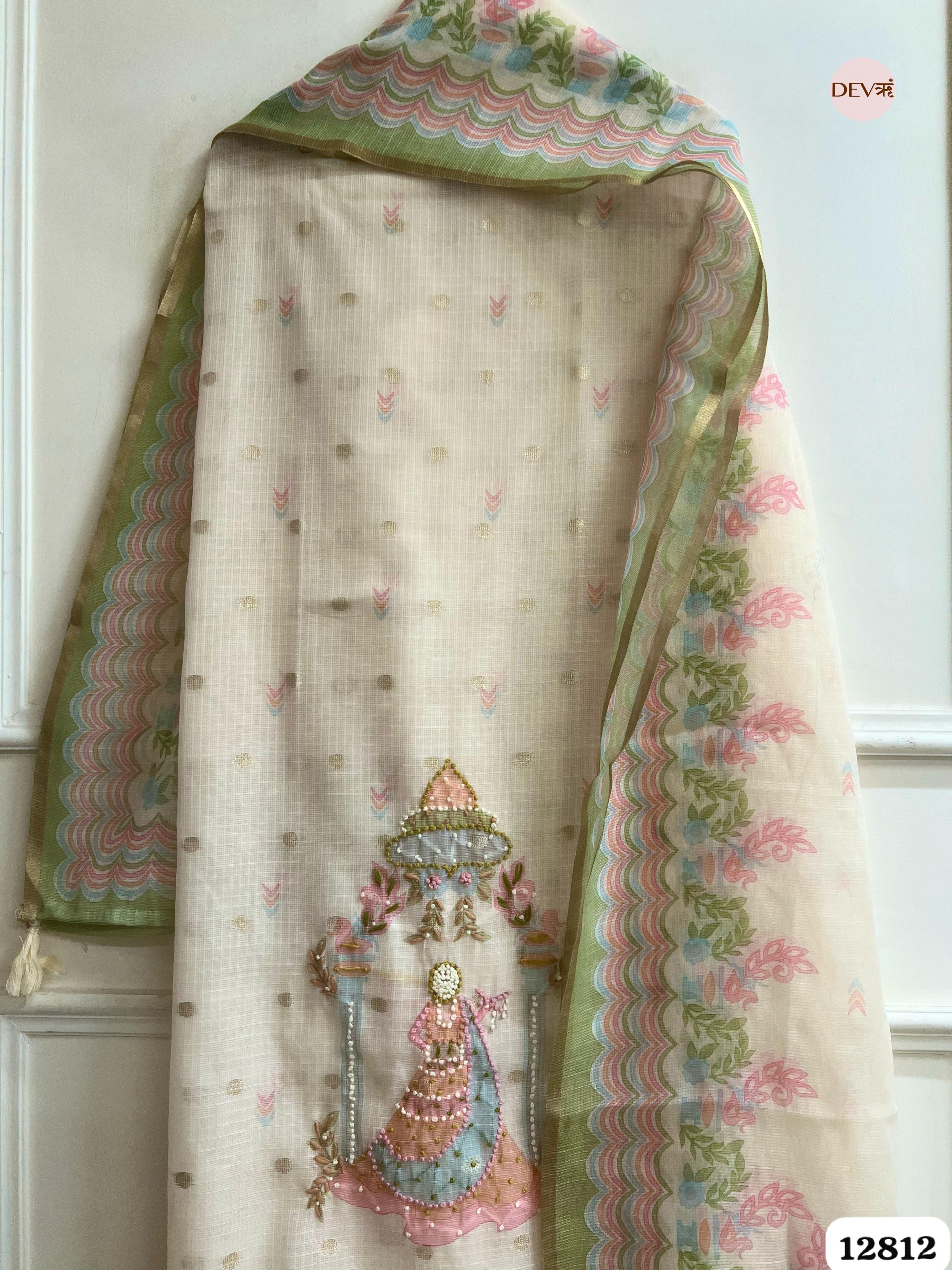 Cream Kota Printed Unstitched 3-Piece Suit (Devri – D.No 12812)